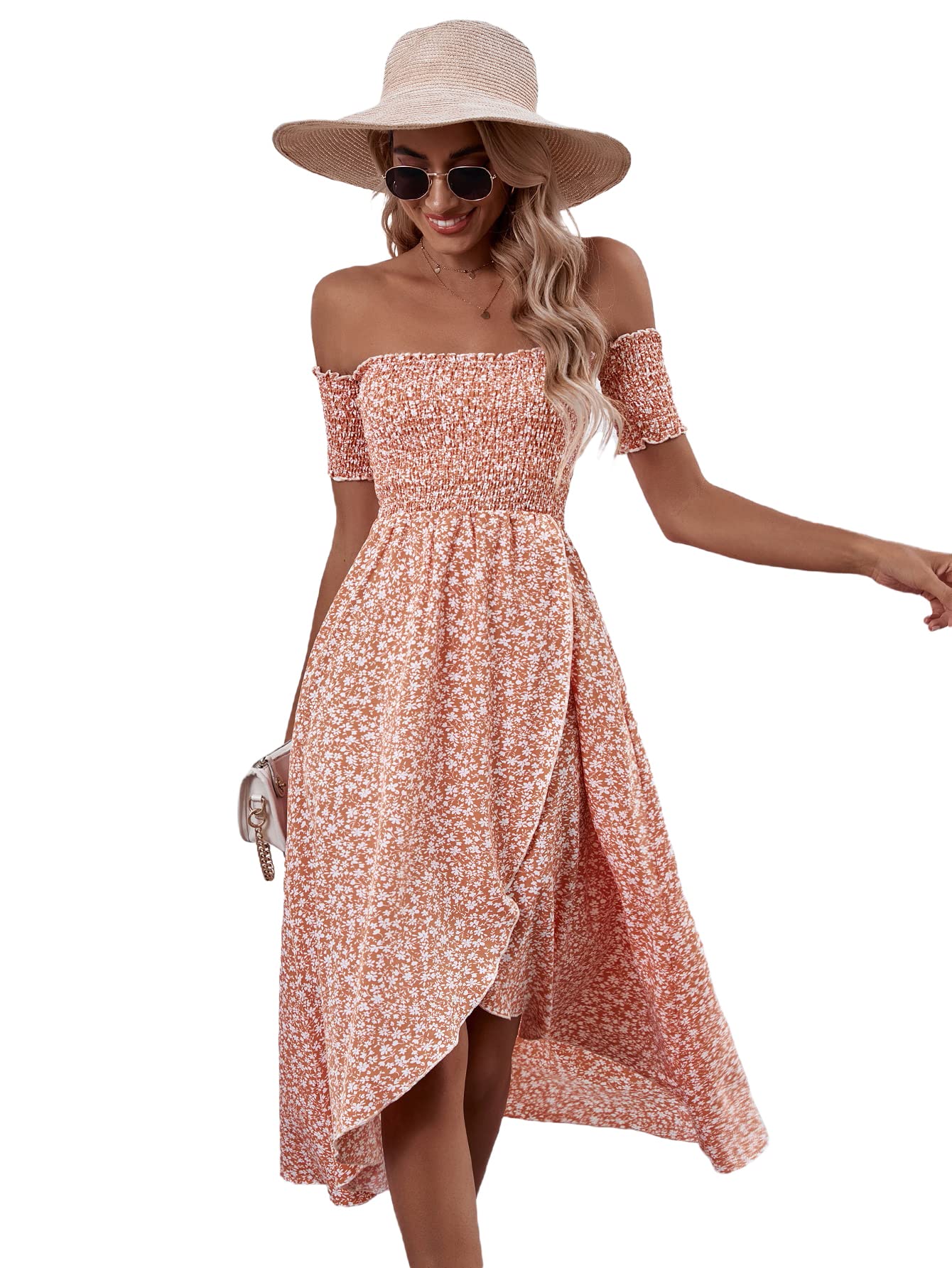 SheIn Women's Floral Print Off-Shoulder Midi Dress - Shirred Wrap Design Short Sleeve A-Line Summer Dress for Beach Vacation, Garden Party & Date Night