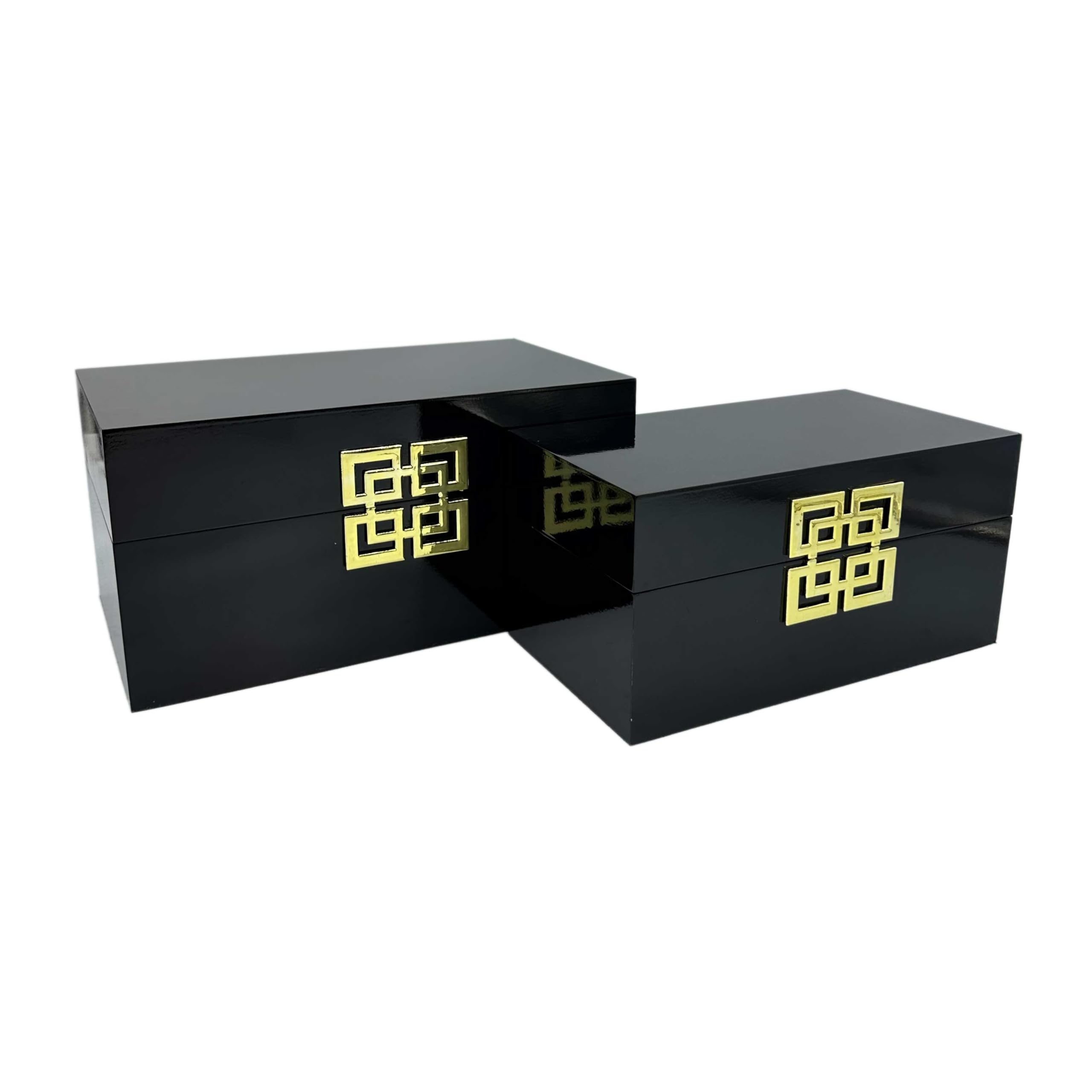 Decorative Wood Storage Box Set with Hinged Lid & Geometric Clasp - Classic Black & Gold Home Decor for Bedroom, Living Room & Office - Set of 2 (Perfect for Jewelry, Keepsakes & Home Organization)