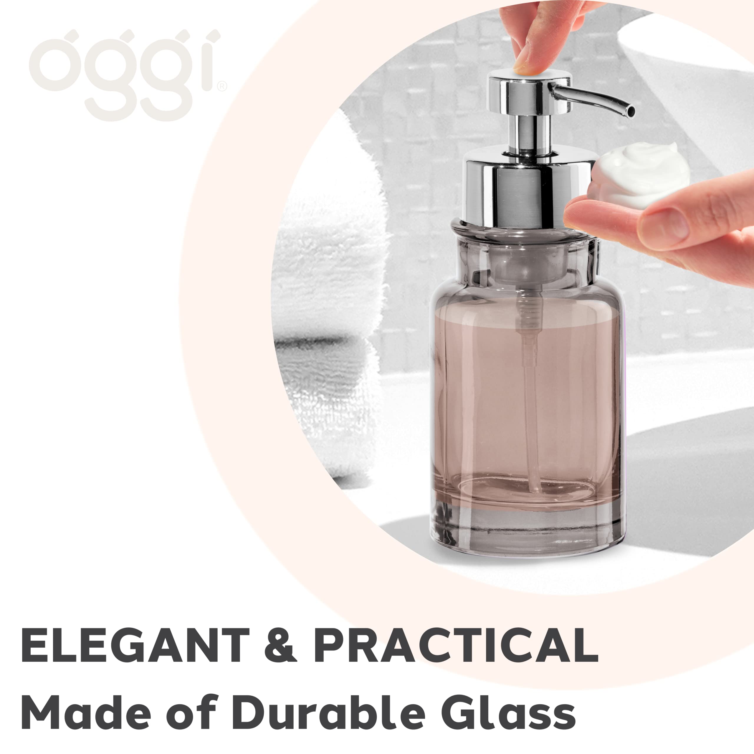 OGGI Glass Foaming Soap Dispenser - 10oz Heavy Glass Refillable Hand Soap Pump for Bathroom & Kitchen - Round Gray/Chrome Design - Perfect for Vanity, Sink Countertop, and Guest Bathroom Decor