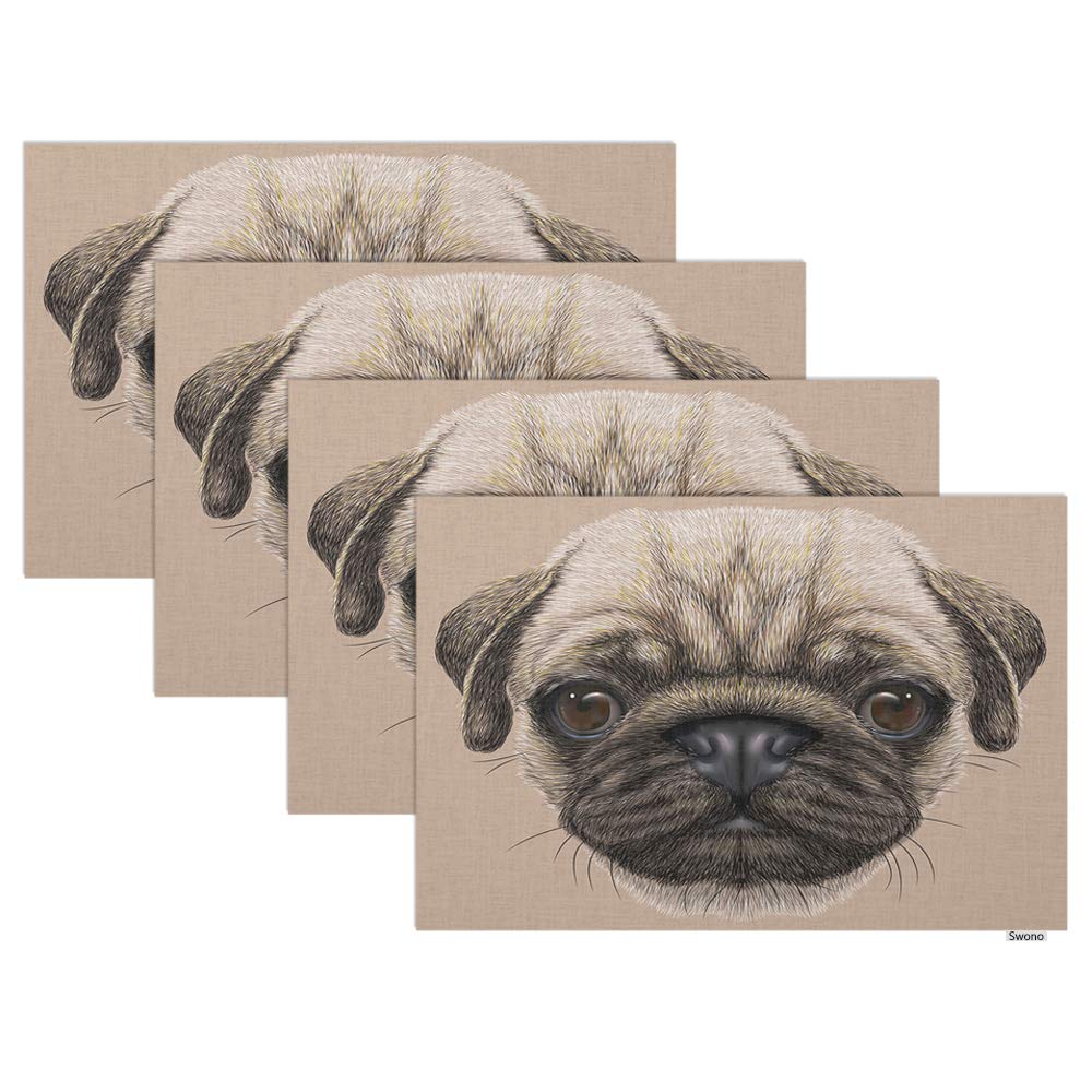Swono Pug Dog Placemat Set of 4 - Funny Cute Pug Face Oilproof Table Mats 12x18 Inches for Dining Table & Kitchen Decor | Perfect for Pet Lovers, Family Meals, and Home Entertaining
