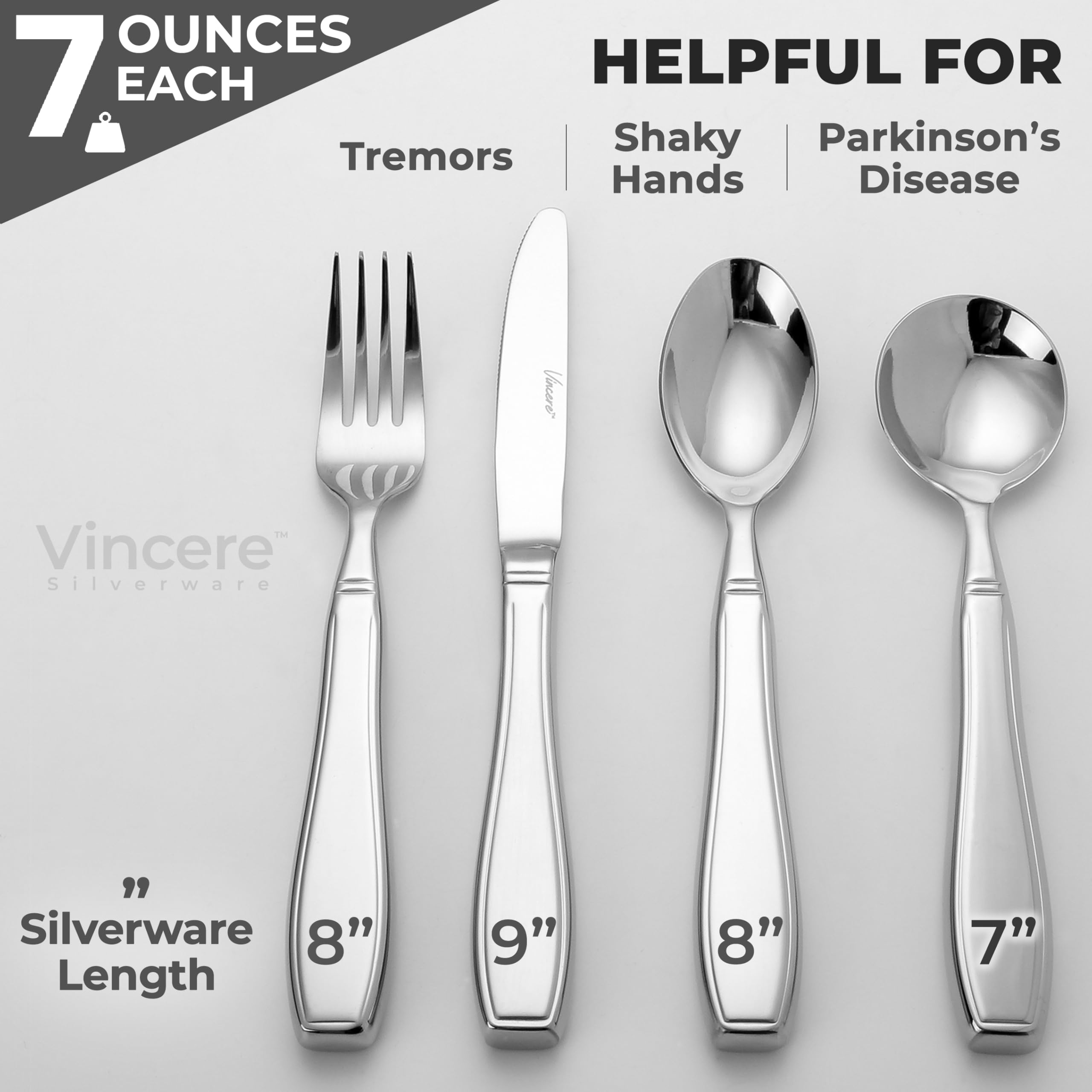 Weighted Utensils for Tremors & Parkinson's - Heavy Stainless Steel Adaptive Silverware Set (7oz) - Helps with Hand Tremors, Parkinson's & Arthritis - Includes Knife, Fork & Spoons - Ideal for Easier Eating & Independent Living