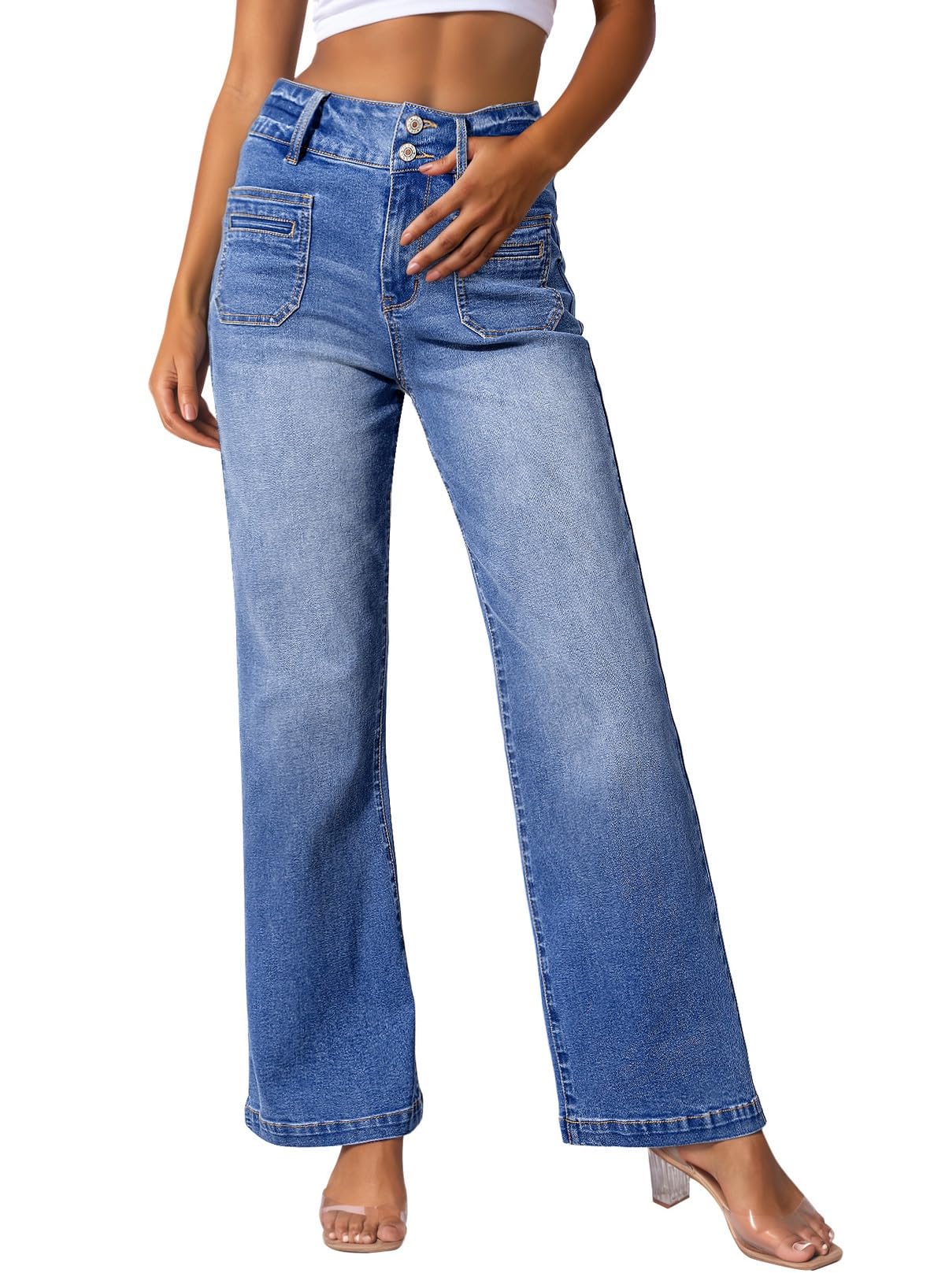 Sidefeel Women's Wide Leg Jeans - High Waisted Tummy Control Stretchy Denim Pants with Front Pockets | Comfortable & Flattering for Casual Wear, Office & Date Night