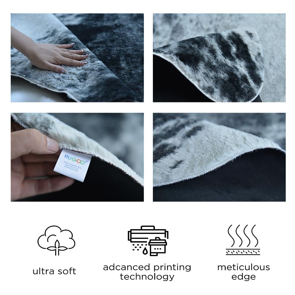 Rugoo 6.4x8 ft Black and White Faux Cowhide Rug - Soft Animal Print Area Rug for Living Room, Bedroom, Nursery - Perfect for Farmhouse Decor & Bohemian Style Homes