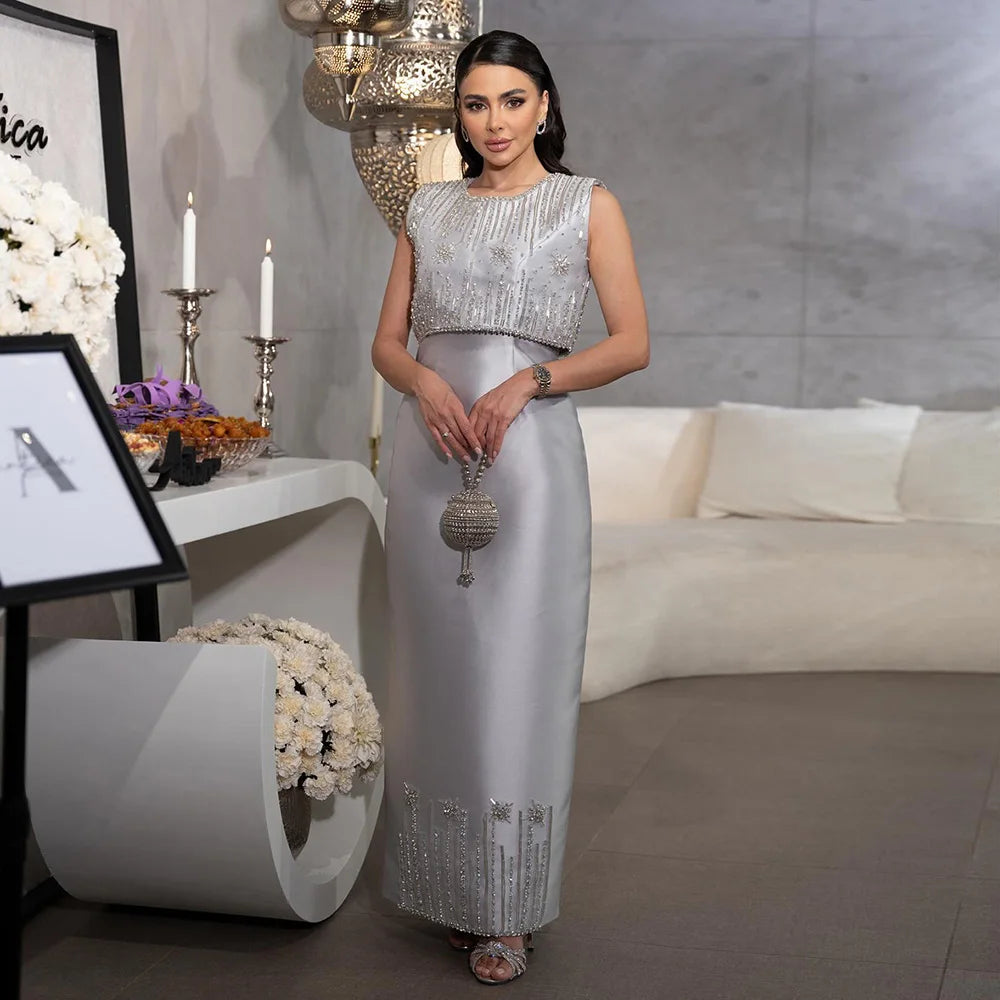 Luxury Dubai & Saudi Beaded Gray Midi Formal Evening Dress LA72761 - Elegant Arabic Occasion Gown for Weddings, Parties & Special Events