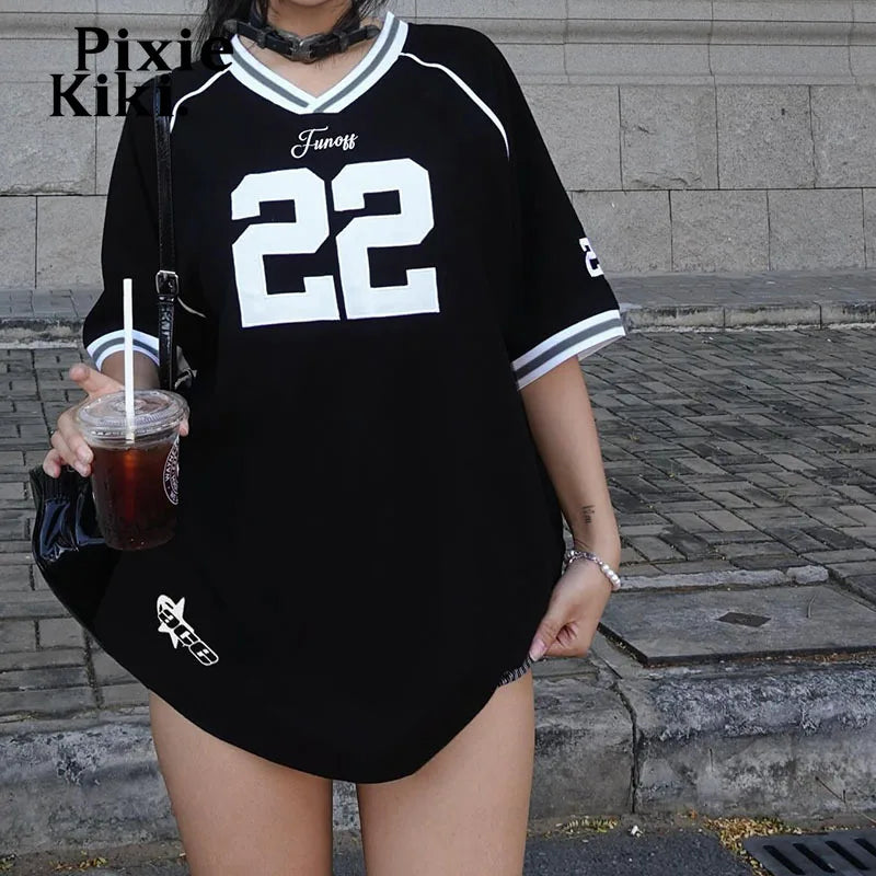 Women's Black Graphic T-Shirt - Y2K Streetwear Fashion | Casual V-Neck Short Sleeve Top for Girls | Korean Style Tee | Perfect for Daily Wear, Street Style & K-Pop Outfits