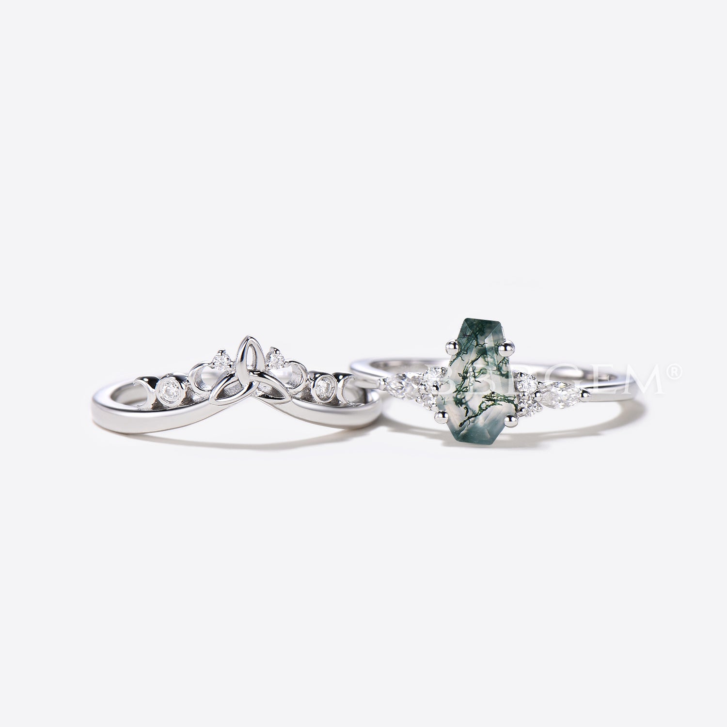 Celtic Coffin Cut Natural Moss Agate Engagement Ring - Moon Diamond Wedding Band for Women - Perfect for Proposals, Anniversaries & Romantic Occasions