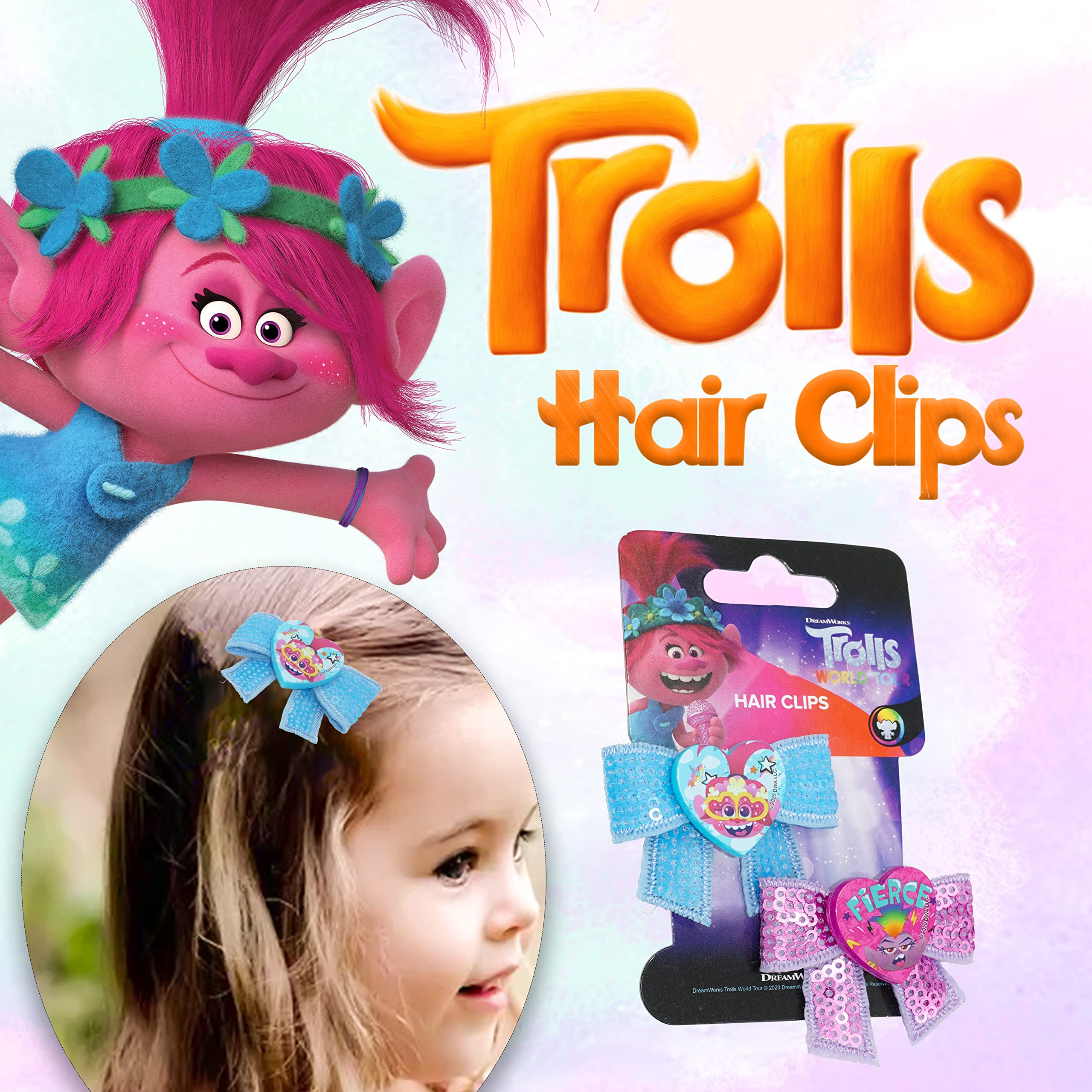 2Pcs Disney Trolls Hair Bow Clips for Girls – Non-Slip Hair Accessories, Hair Clips & Sliders – Reduce Hair Breakage – Perfect for School, Parties & Daily Styling