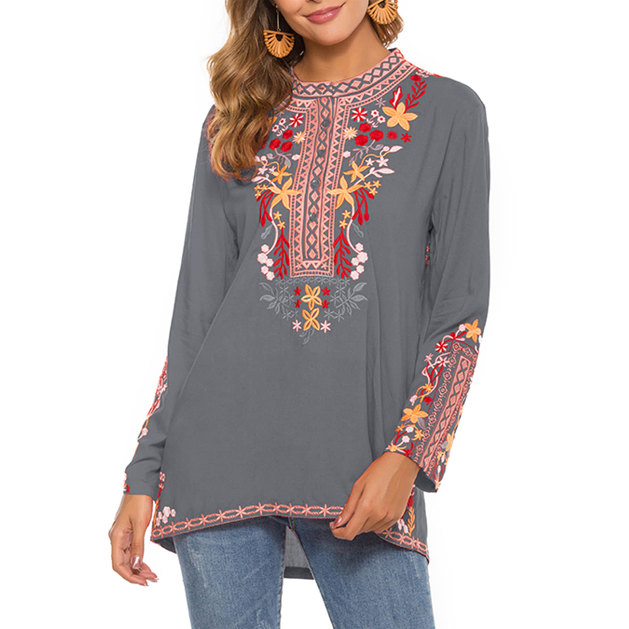 Laura Klein Embroidered Long Sleeve Boho Blouse for Women | Mexican Peasant Tunic Top | Loose Casual Shirt for Fall | Perfect for Festivals, Vacations & Boho-Chic Outfits