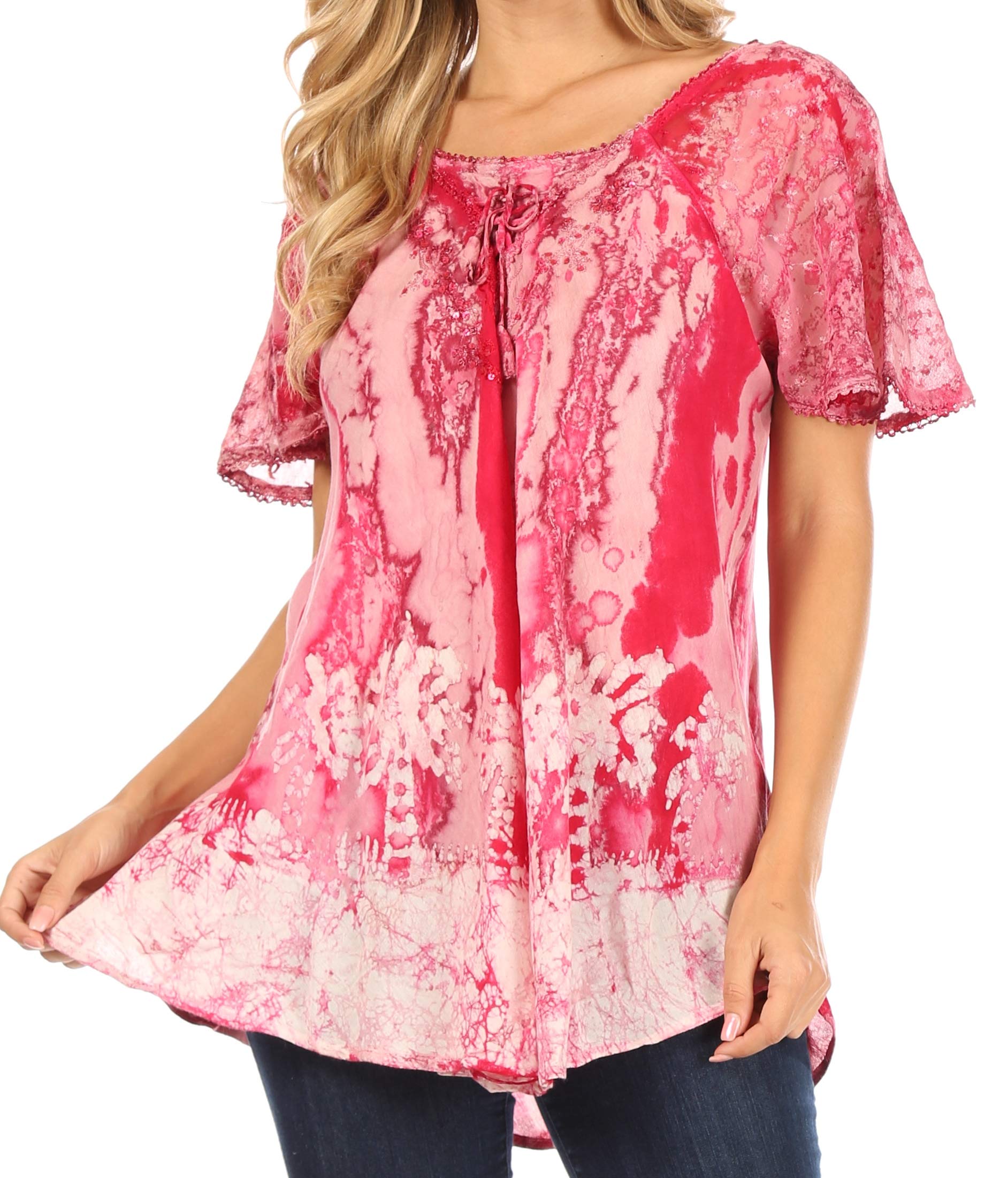Sakkas Celia Marble Batik Short Sleeve Blouse for Women - Embroidered & Crochet Summer Top | Boho Chic Shirt for Beach Vacation, Date Night & Casual Outfits