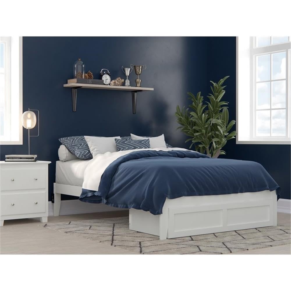 BOWERY HILL Modern White Wood Full Bed Frame with Storage Drawer and USB Charging Ports - Perfect for Small Bedrooms, Guest Rooms & Dormitories