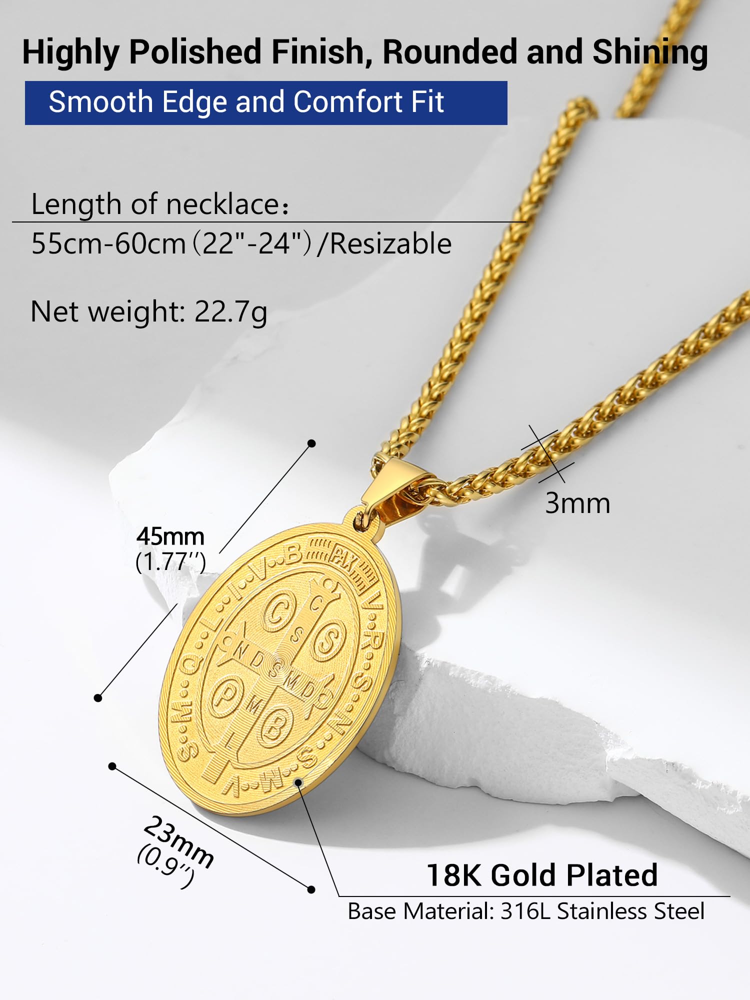 PROSTEEL Stainless Steel Saint Benedict Medal Necklace for Men - 18K Gold Plated Religious Protection Jewelry - 22