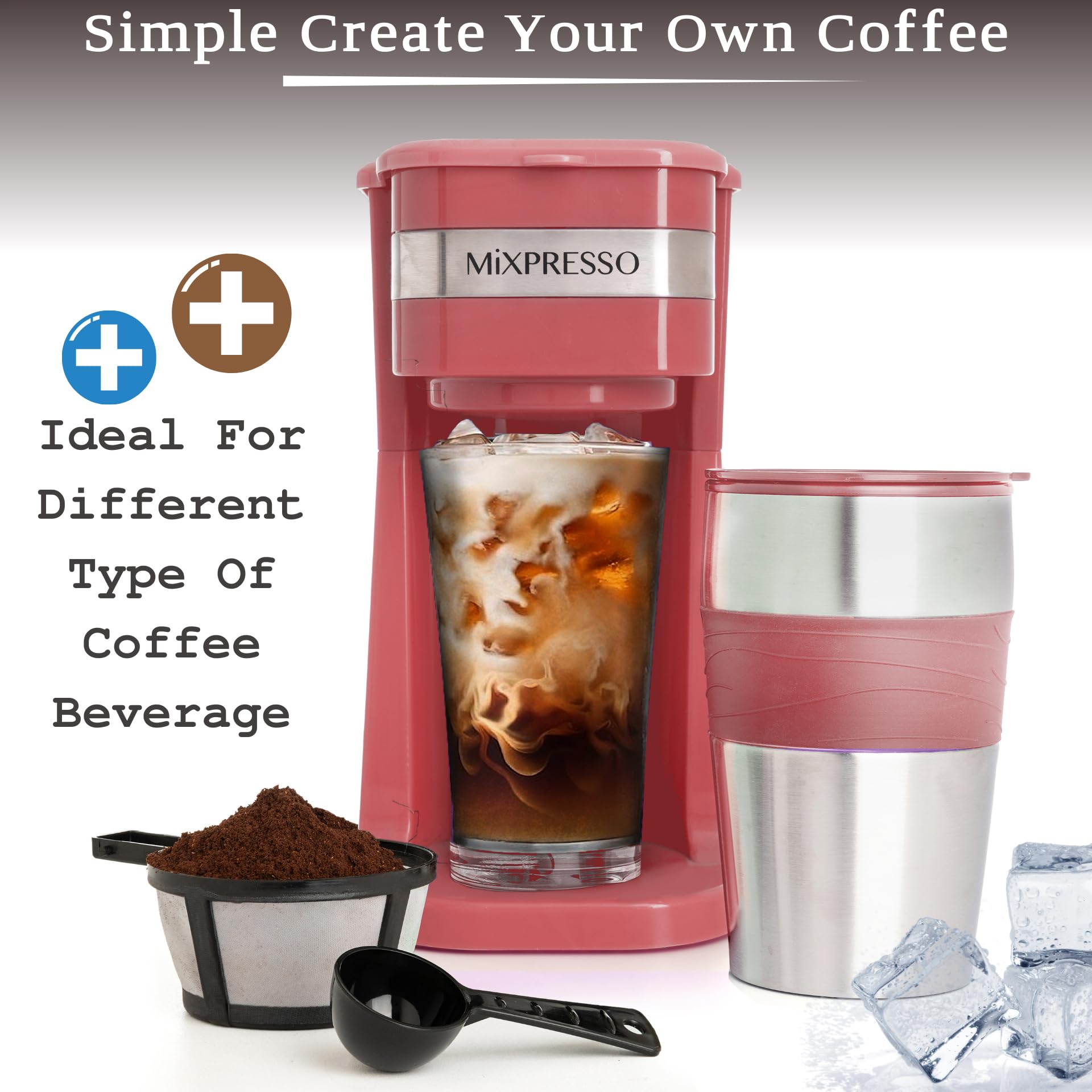 Mixpresso Personal Single-Serve Coffee Maker with 14oz Travel Mug | Compact Drip Coffee Machine & Insulated Tumbler | Auto Shut-Off & Reusable Filter | Ground Coffee Compatible | Perfect for Home, Office & Travel | Red