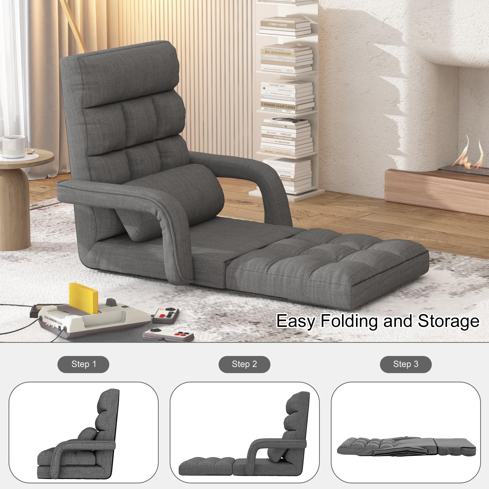DHMAKER Adjustable Folding Floor Chair - Ergonomic Back Support Gaming Chair, 6-Position Recliner, Breathable Fabric Chaise Lounge for Living Room, Bedroom & Office - Perfect for Relaxing, Gaming & Napping