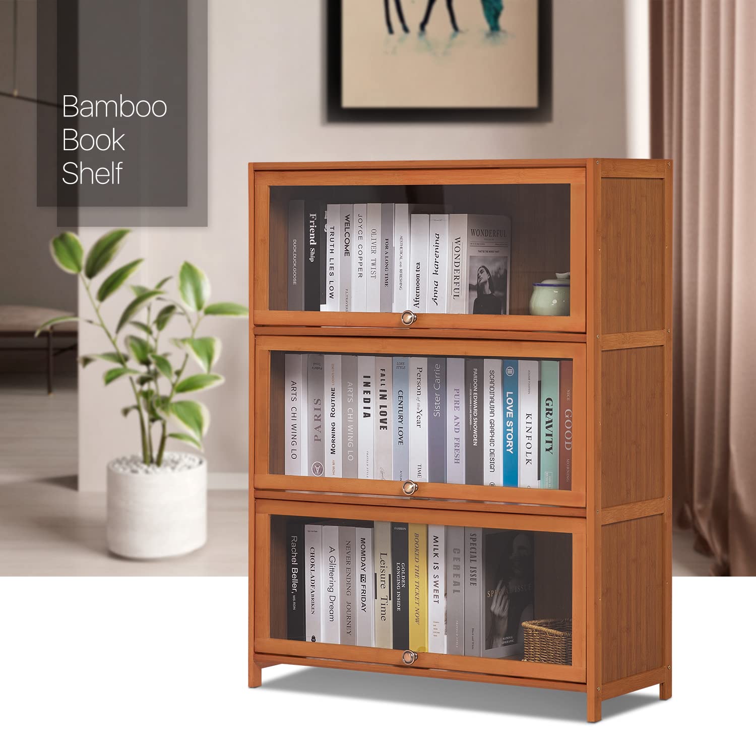MoNiBloom 3-Tier Bamboo Bookshelf with Acrylic Doors - Freestanding Bookcase Storage Stand for Living Room, Office, Bedroom - Natural Brown | Perfect for Organizing Books, Decor & Essentials in Home & Workspaces