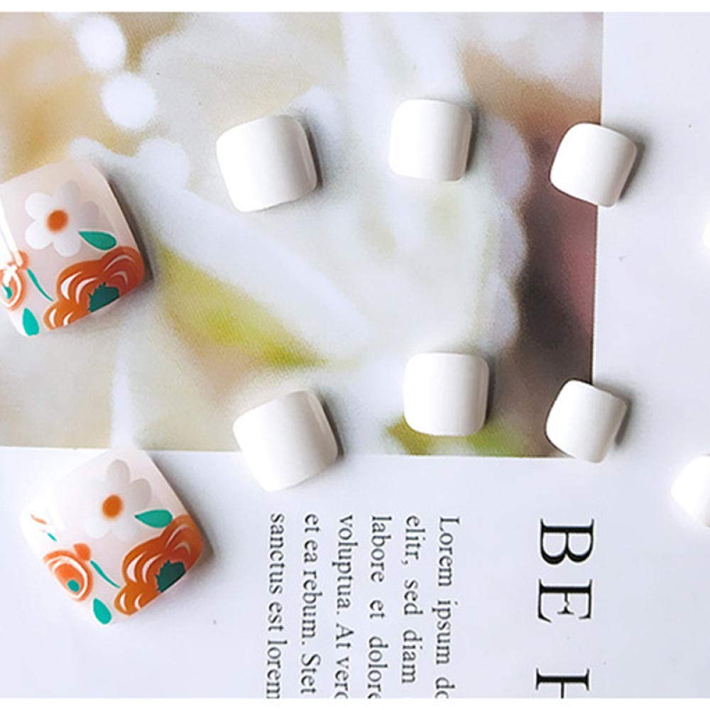 HUJL 24pcs Short White False Toe Nails with Cute Flower Design - Artificial Nail Tools for Foot Decoration & Full Manicure - Perfect for Pedicures, Nail Art, Salon Use and Home Manicure