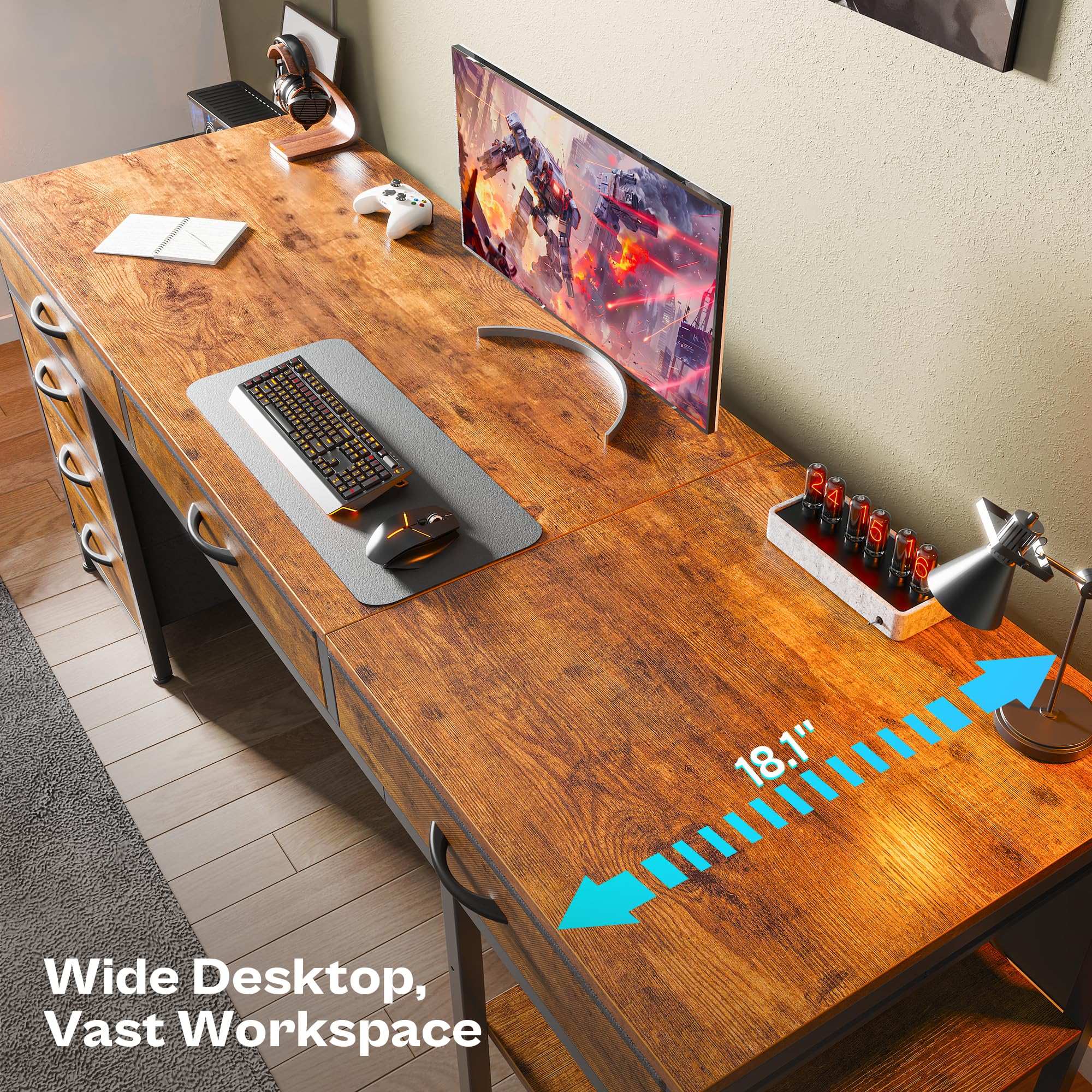 Huuger 63 Inch Computer Desk with 6 Drawers & Shelves, Reversible Gaming Desk with Storage, Rustic Brown Office Desk for Home Office, Study, Living Room - Perfect for Work, Gaming & Small Space Organization
