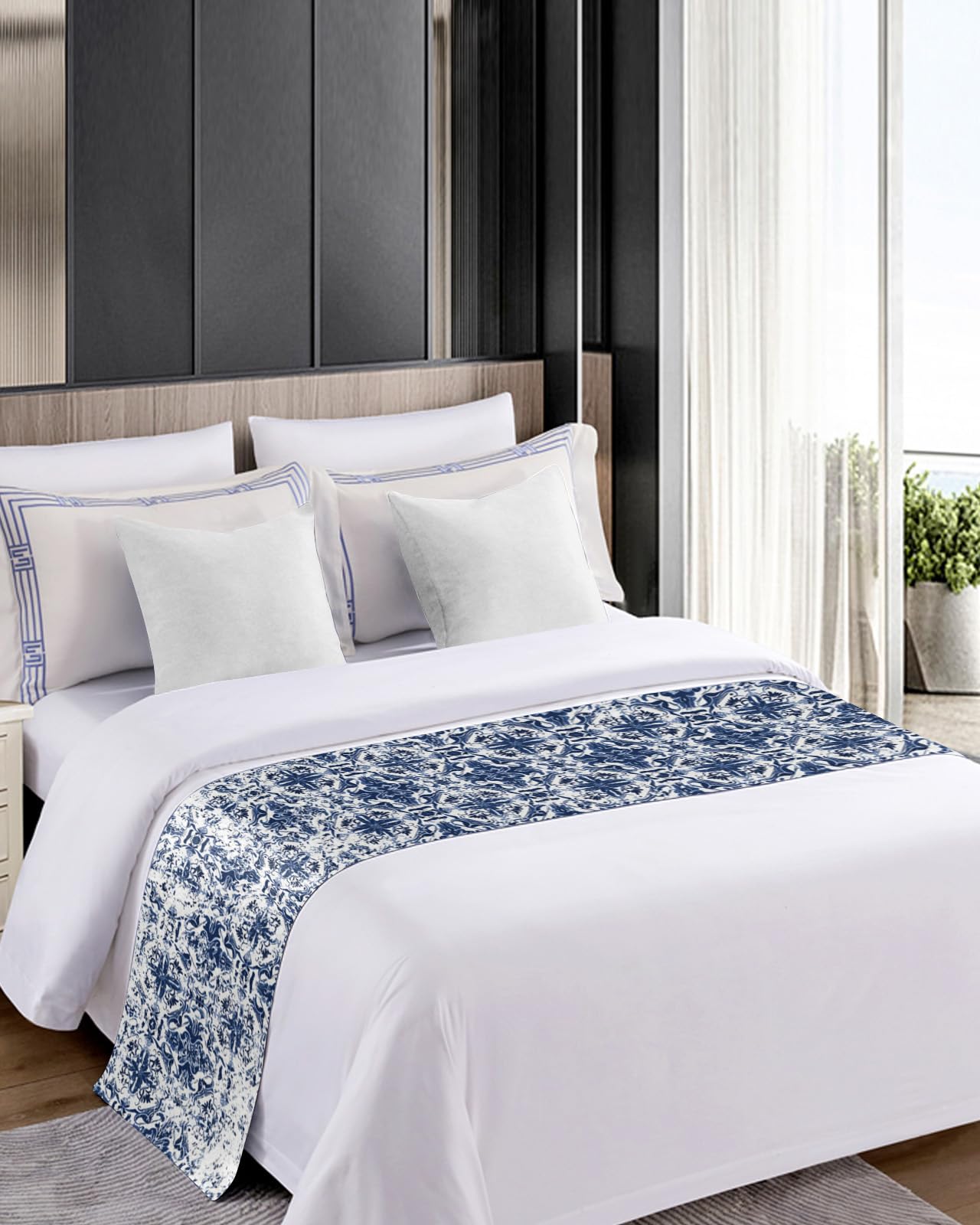 Cal King Bed Runner – Navy Blue Boho Bed Scarf Throw for Foot of Bed, Ethnic Abstract Geometric Design Luxury Bedding Protector (102x20 Inches) – Perfect for Hotels & Home Decor, Bedroom Styling & Sofa Accents