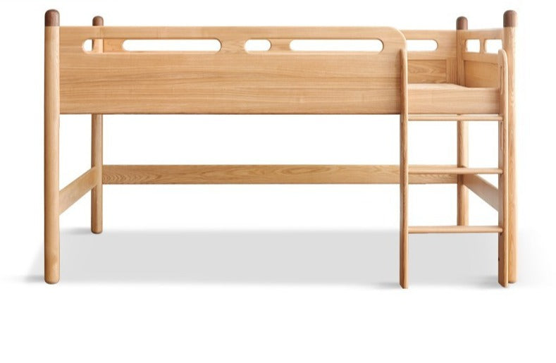 Solid Oak Wood Mid-High Bed with Slanted Ladder - Sturdy Adult Loft Bed for Small Spaces, Dorm Rooms & Modern Apartments