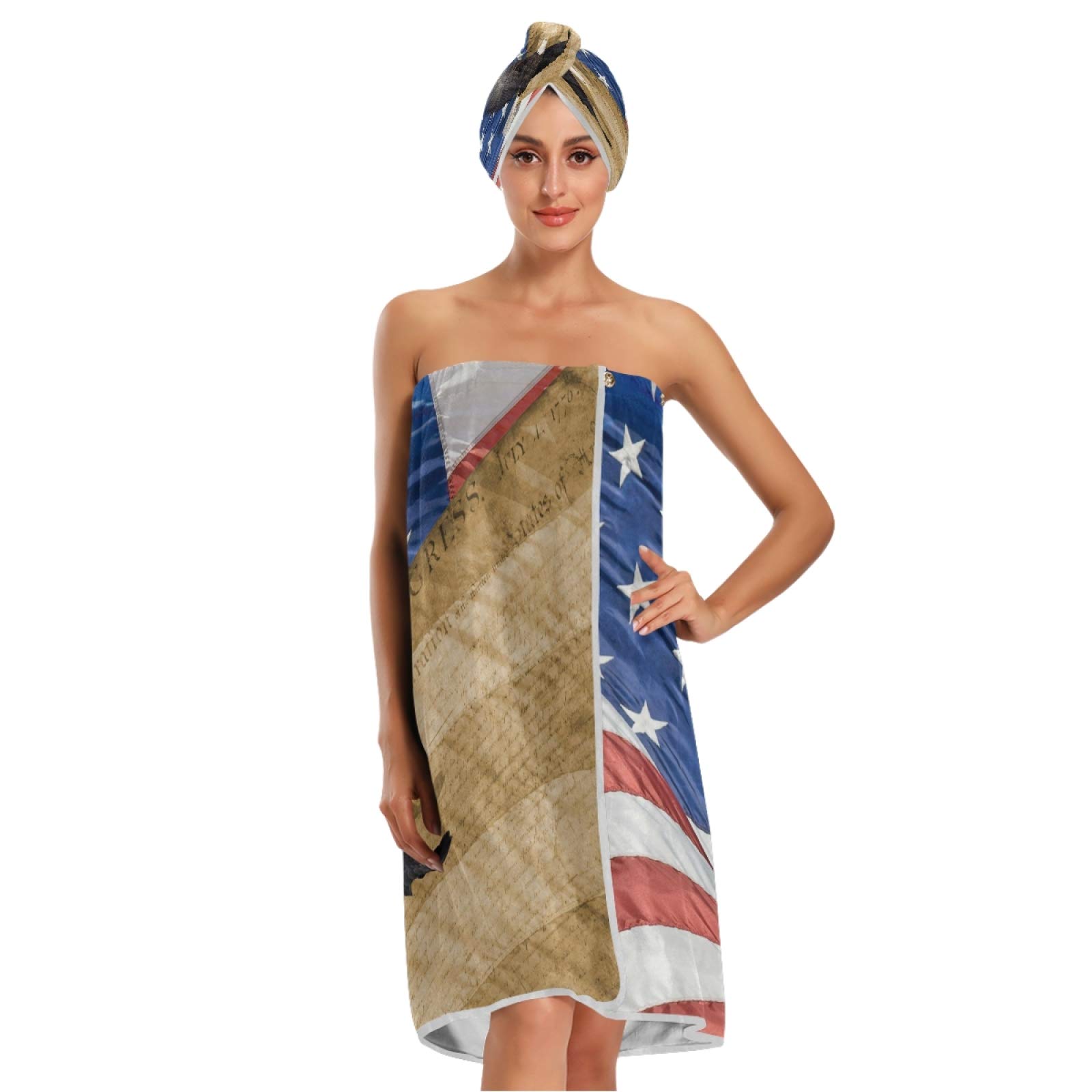 ATTX American USA Flag Eagle Bath Towel Wrap with Dry Hair Cap & Headband for Women – Adjustable Shower Wrap for Spa, Pool & Beach – Soft & Comfortable Bathrobe
