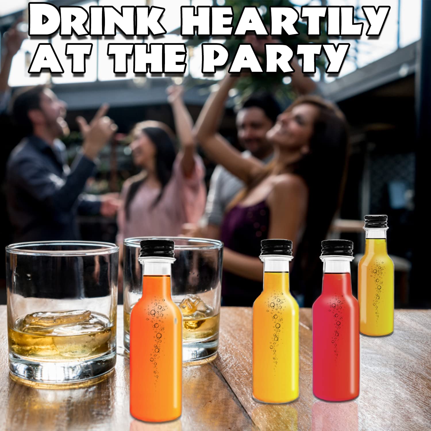 50 Pack 1.7oz Mini Liquor Bottles with Black Screw Caps - Reusable Plastic Alcohol Shot Bottles for Cocktails, Baby Showers, Weddings & Parties - Includes 10 Funnels for Easy Filling