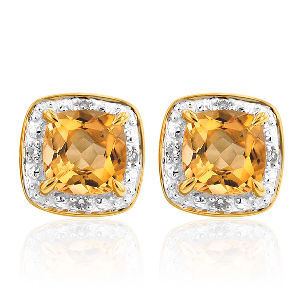 9ct Yellow Gold 1/2ct Citrine and Diamond Cushion Cut Stud Earrings for Women - Elegant Jewelry Gift for Birthday, Anniversary & Special Occasions