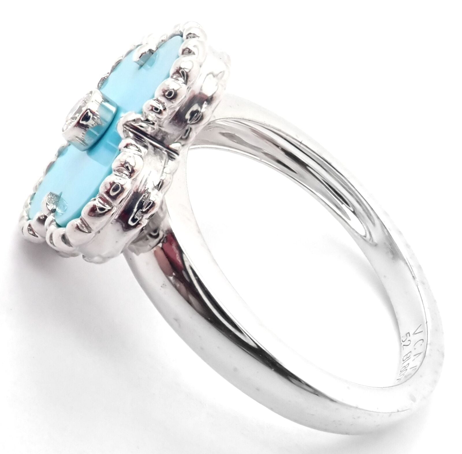 Authentic Van Cleef & Arpels Alhambra 18k White Gold Diamond Turquoise Ring - Luxury Jewelry for Weddings, Anniversaries & Special Occasions