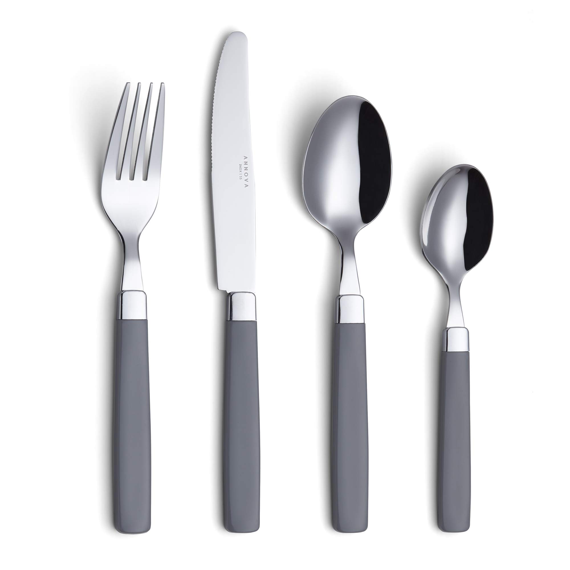 ANNOVA 16-Piece Stainless Steel Flatware Set with Color Handles - 4 Dinner Forks, 4 Table Knives, 4 Tablespoons, 4 Teaspoons - Service for 4 (Grey) - Perfect for Dining, Kitchen, Restaurant & Home Entertaining