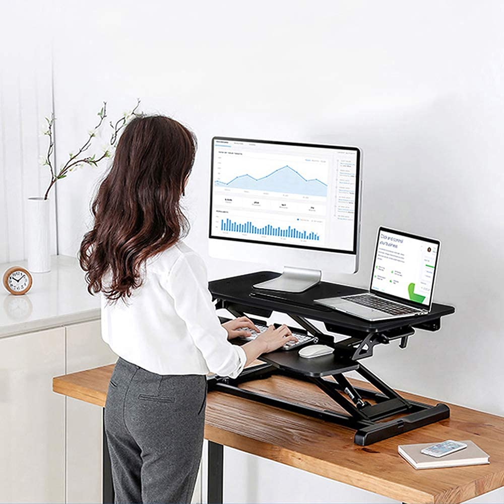 PrimeCables 31.5-inch Height Adjustable Standing Desk Converter with Removable Keyboard Tray - Ergonomic Monitor Riser with Notebook Slot for Home Office & Workspace - Perfect for Remote Work, Gaming Setup and Computer Workstations