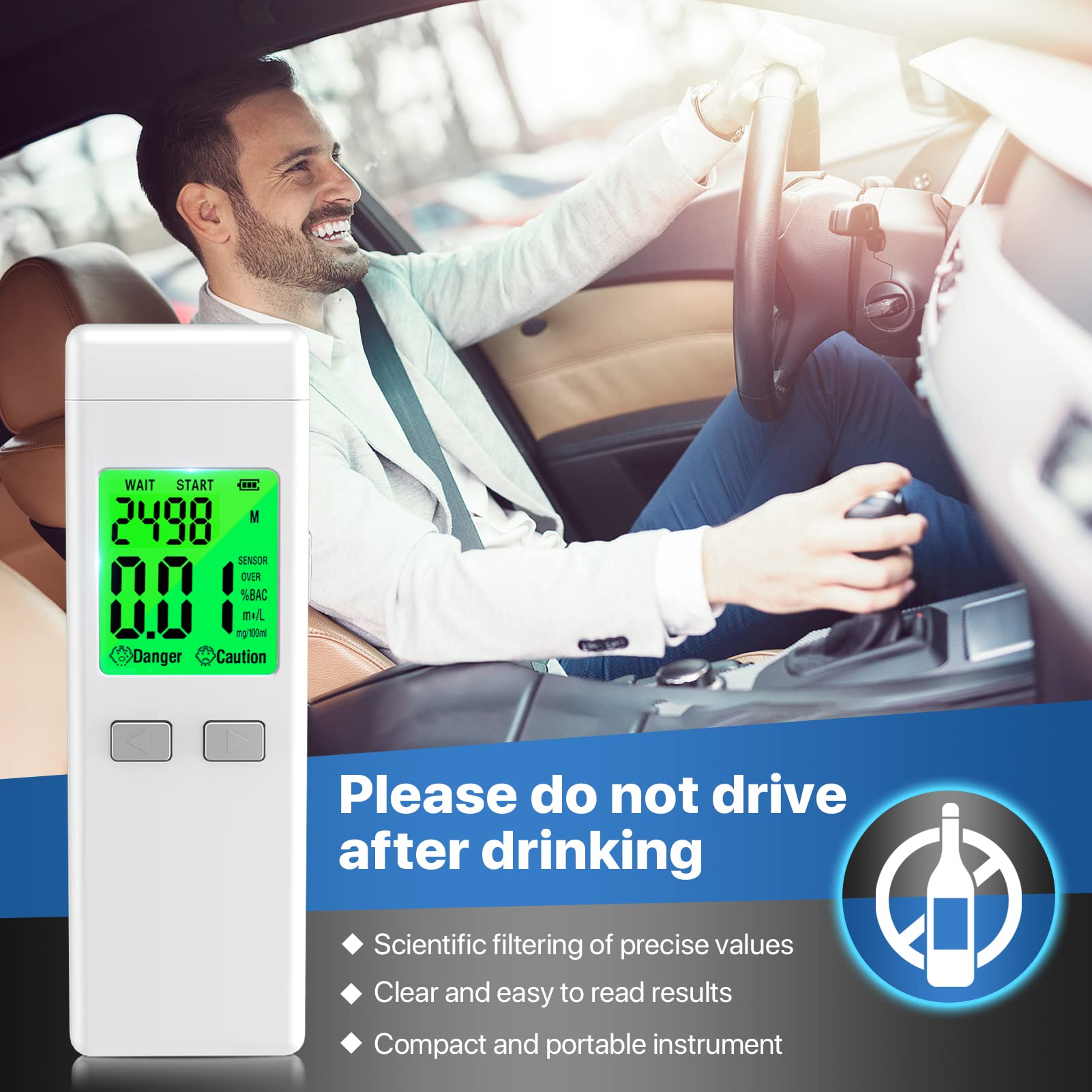 Professional Breathalyzer Alcohol Tester - High Accuracy BAC Detector with Memory Recall & Alarm Function - Includes 10 Disposable Mouthpieces (White) - Perfect for Personal Safety, Workplace Testing & Law Enforcement Use