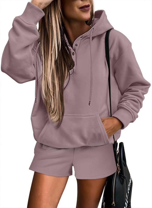 SHEWIN Women's 2-Piece Oversized Hoodie & Shorts Lounge Set - Soft Sweatsuit Tracksuit for Casual Wear, Loungewear, and Home Comfort