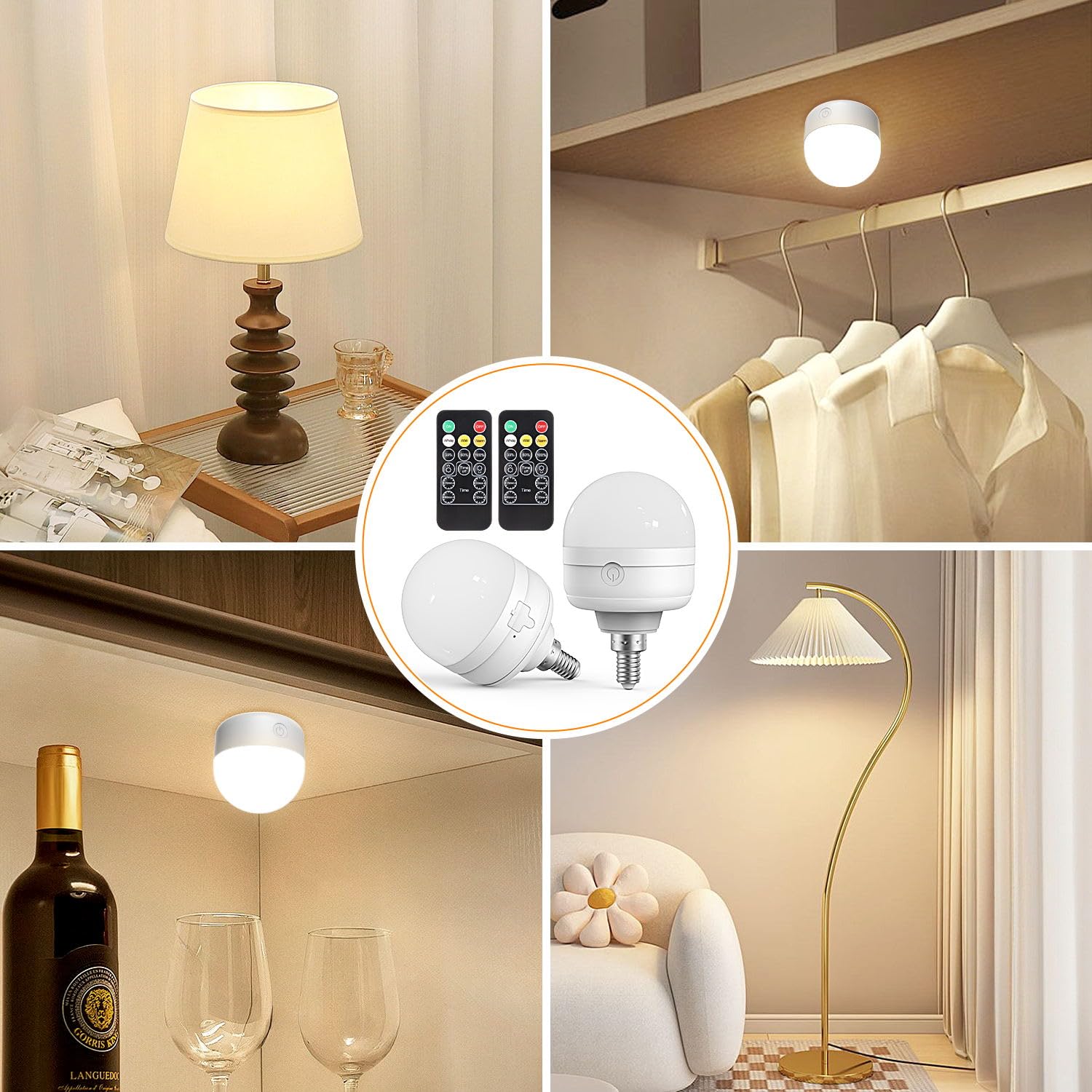 Rechargeable LED Light Bulbs with Remote Control, Timer & 3 Color Temperatures - Battery Operated Puck Lights for Wall Sconce (E12 Base, 2-Pack) - Perfect for Bedrooms, Closets, Stairways & Emergency Lighting