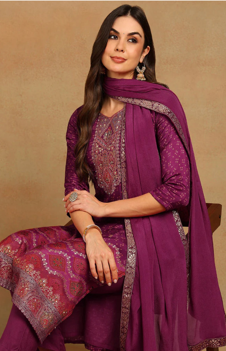 Purple Muslin Bandhani Woven Design Straight Trouser Suit Set for Women | Indian Ethnic Wear | Perfect for Festivals, Weddings & Special Occasions
