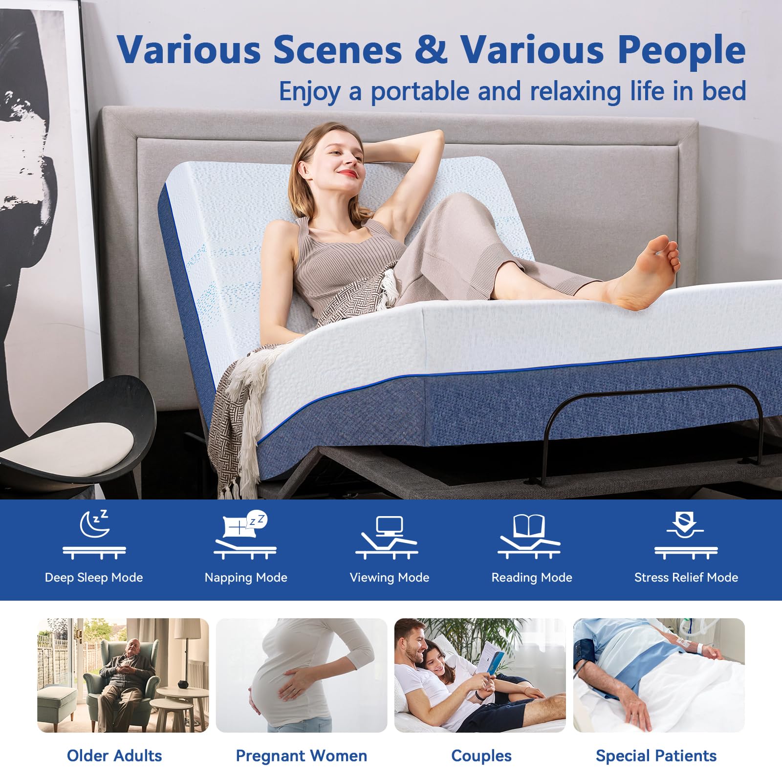 Twin XL Adjustable Bed Base with 12 Inch Gel Memory Foam Mattress - Medium Firm Mattress in a Box, Wireless Remote Control, Head/Foot Lift Electric Smart Bed Frame - Perfect for Back Pain Relief, Reading & Watching TV in Bed