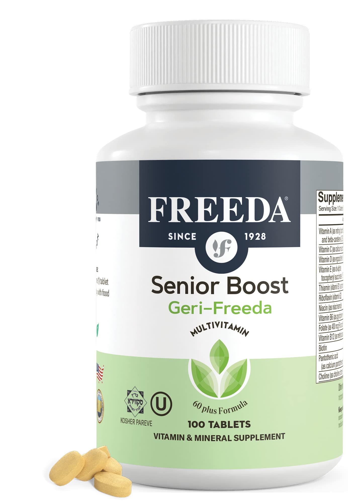 Freeda Senior Multivitamin for Men & Women 60+ - Kosher Certified One Daily Coated Tablet - Multivitamin Supplement for Adults Over 60 - Supports Energy, Immunity & Bone Health (100 Count) - Perfect for Active Seniors & Daily Wellness Routine