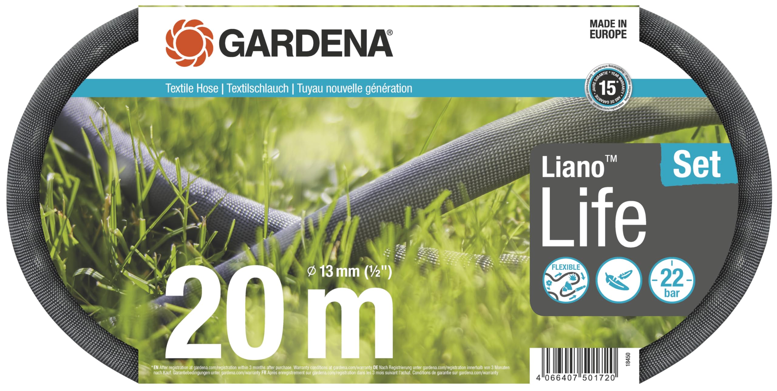 **Gardena Liano Life Textile Hose 1/2 inch, 20m - Flexible, Lightweight, Kink-Free Garden Hose with PVC Inner Tube, Weather-Resistant (18450-20) - Perfect for Watering Plants, Lawn Care & Outdoor Cleaning**