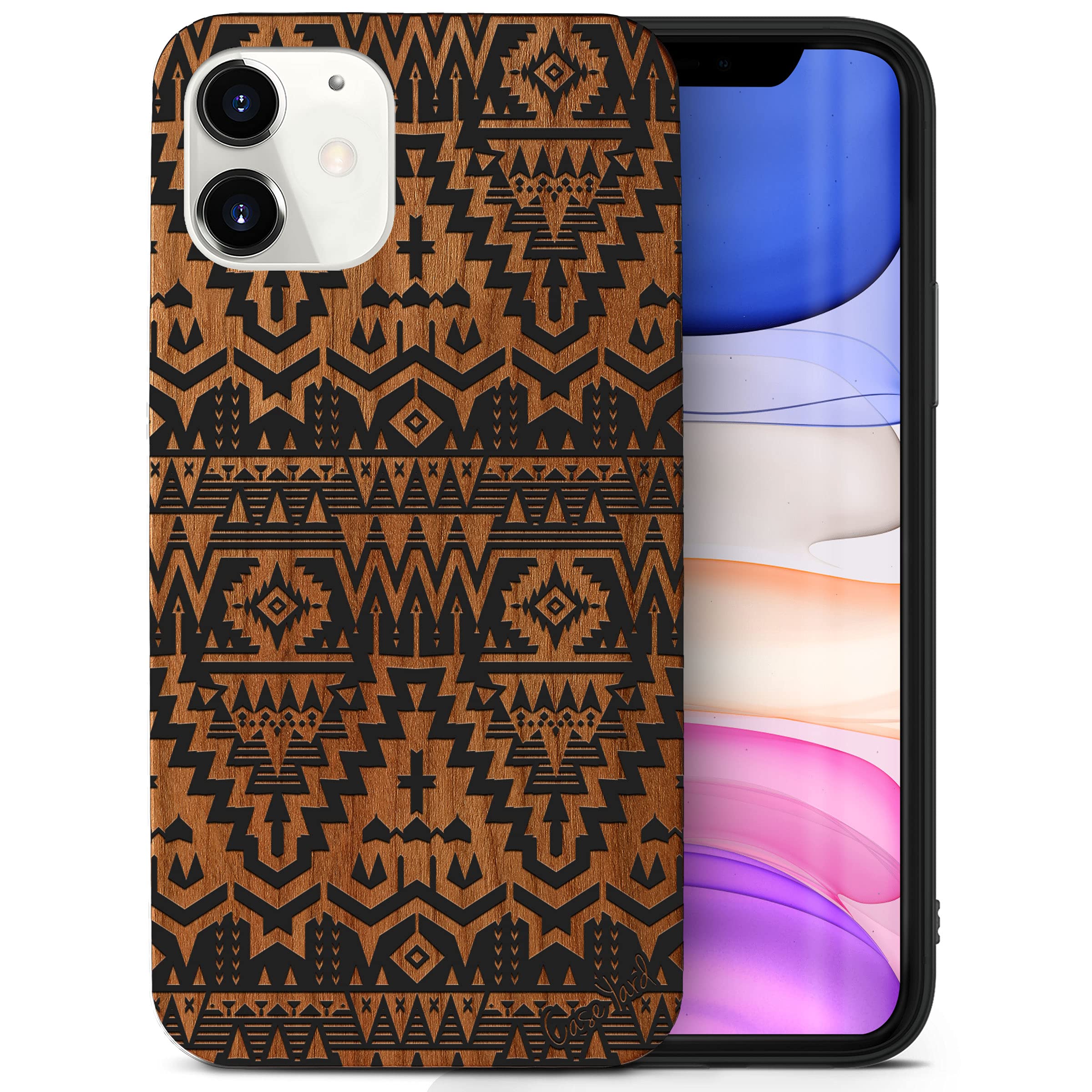 Wooden iPhone 12 Mini Case - Laser Engraved Carpet Pattern Protective Cover | Shockproof Slim Fit Phone Case for Men & Women | Perfect for Daily Use, Travel & Outdoor Activities
