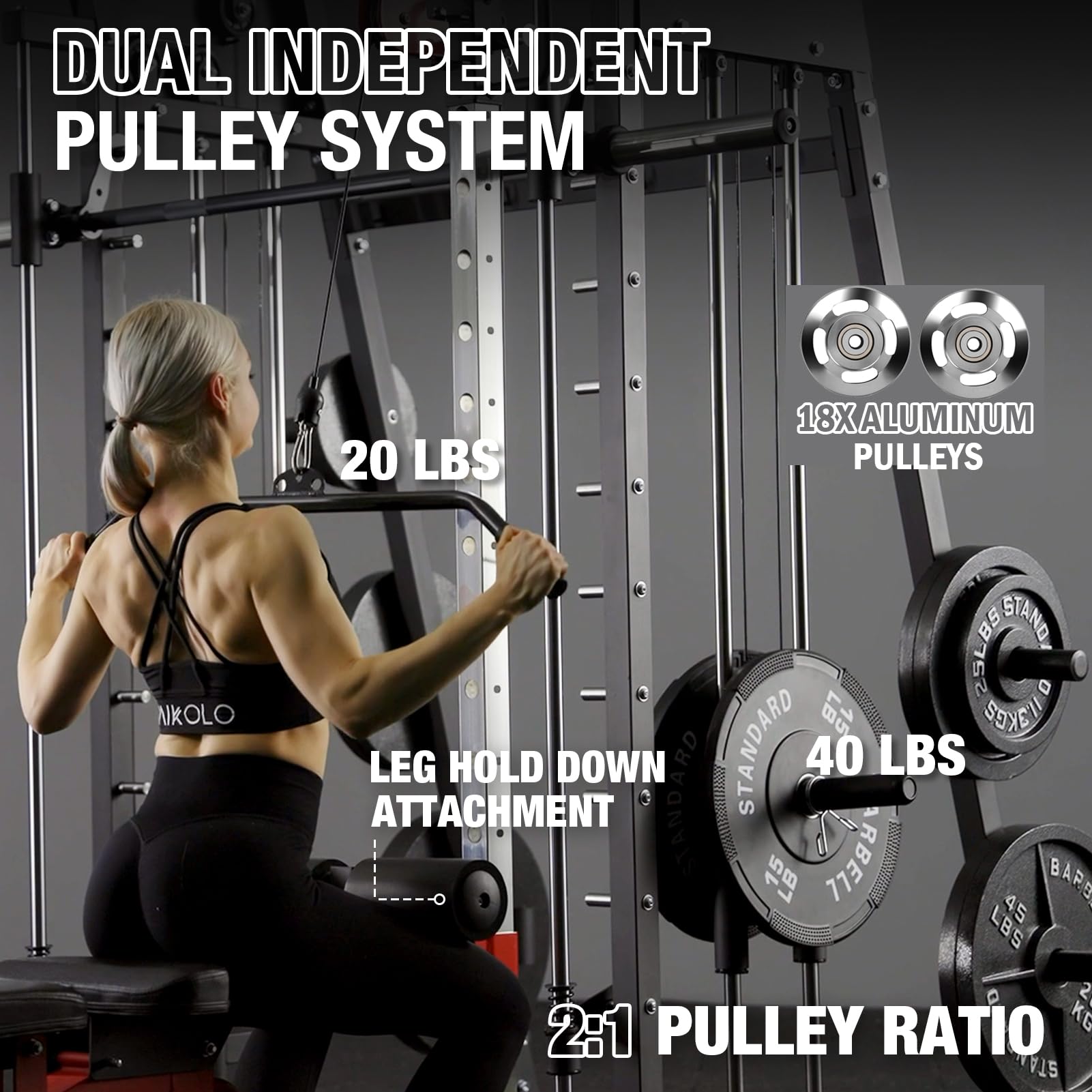 Mikolo Smith Machine - 2200lbs Heavy Duty Squat Rack with LAT Pulldown & Cable Crossover System, Full-Body Gym Equipment with Leg Hold-Down Attachment for Home & Commercial Strength Training
