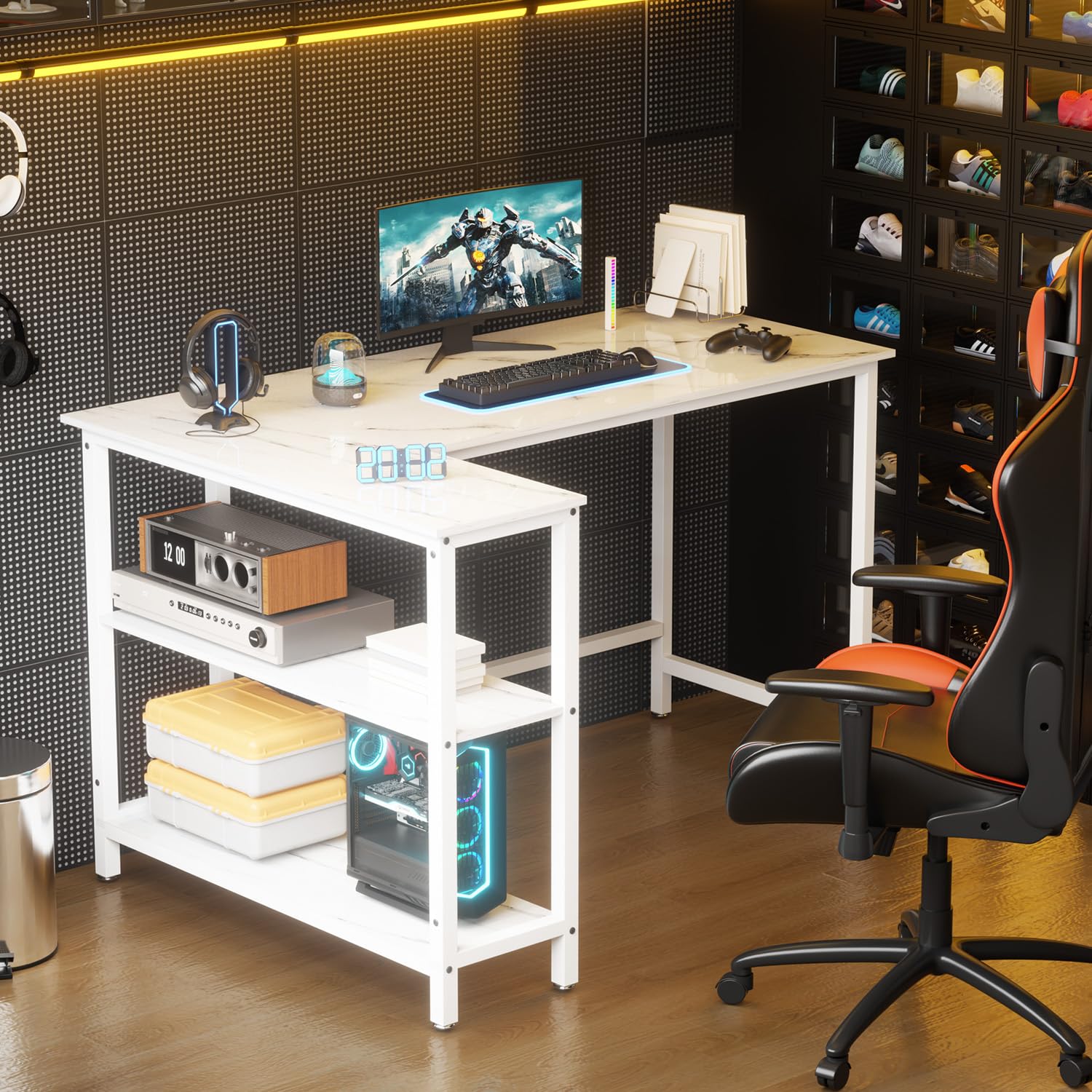WOODYNLUX 50 Inch Computer Desk with Shelves - Sturdy Gaming & Writing Desk, Study PC Table Workstation with Storage | Home Office, Living Room, Bedroom | White Metal Frame | Perfect for Remote Work, Online Classes & Gaming Setup