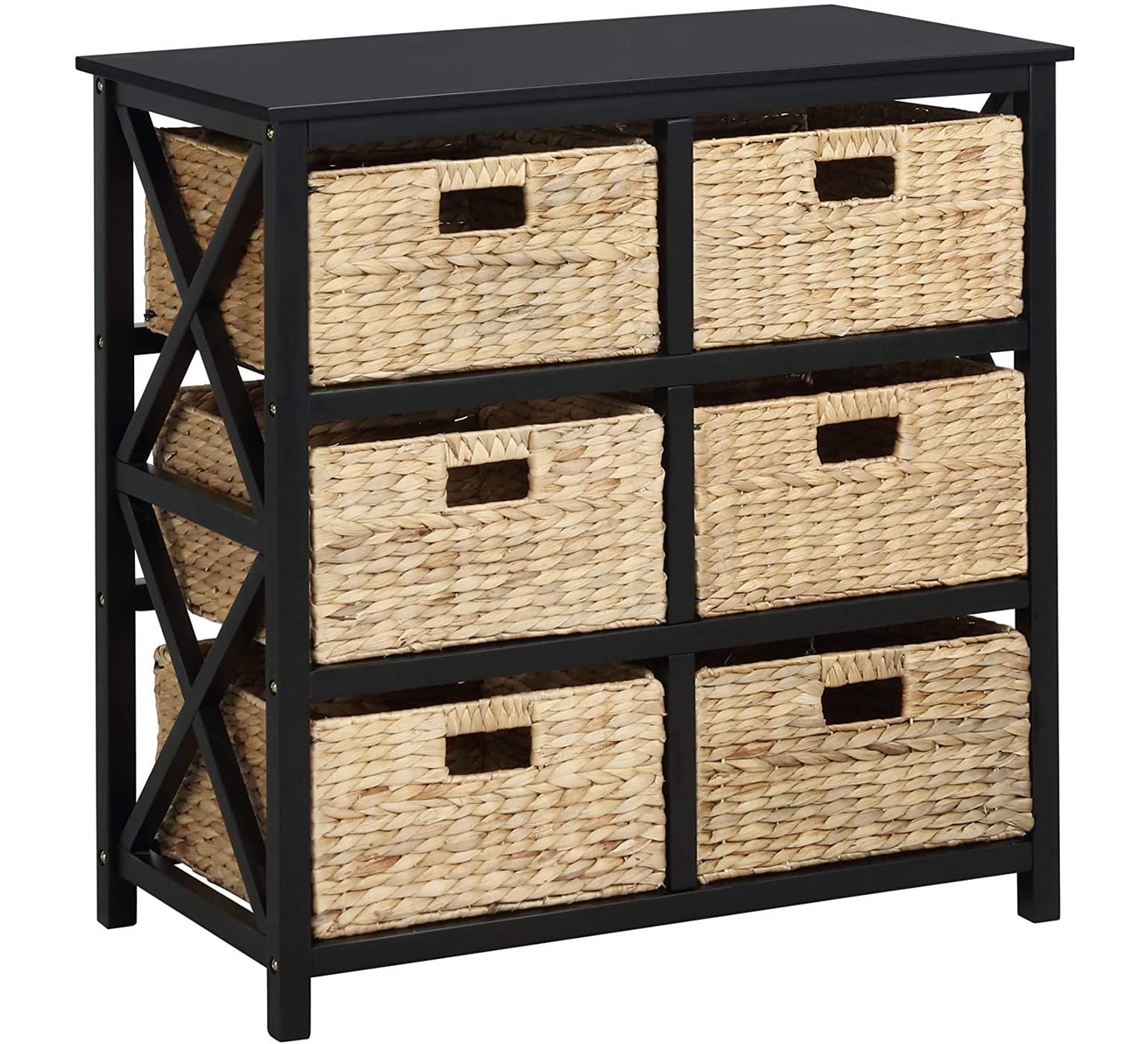 eHemco 3-Tier X-Side End Storage Cabinet with 6 Wicker Baskets - Black | Space-Saving Organizer for Bedroom, Bathroom, or Living Room | Sturdy Metal Frame & Stylish Storage Solution