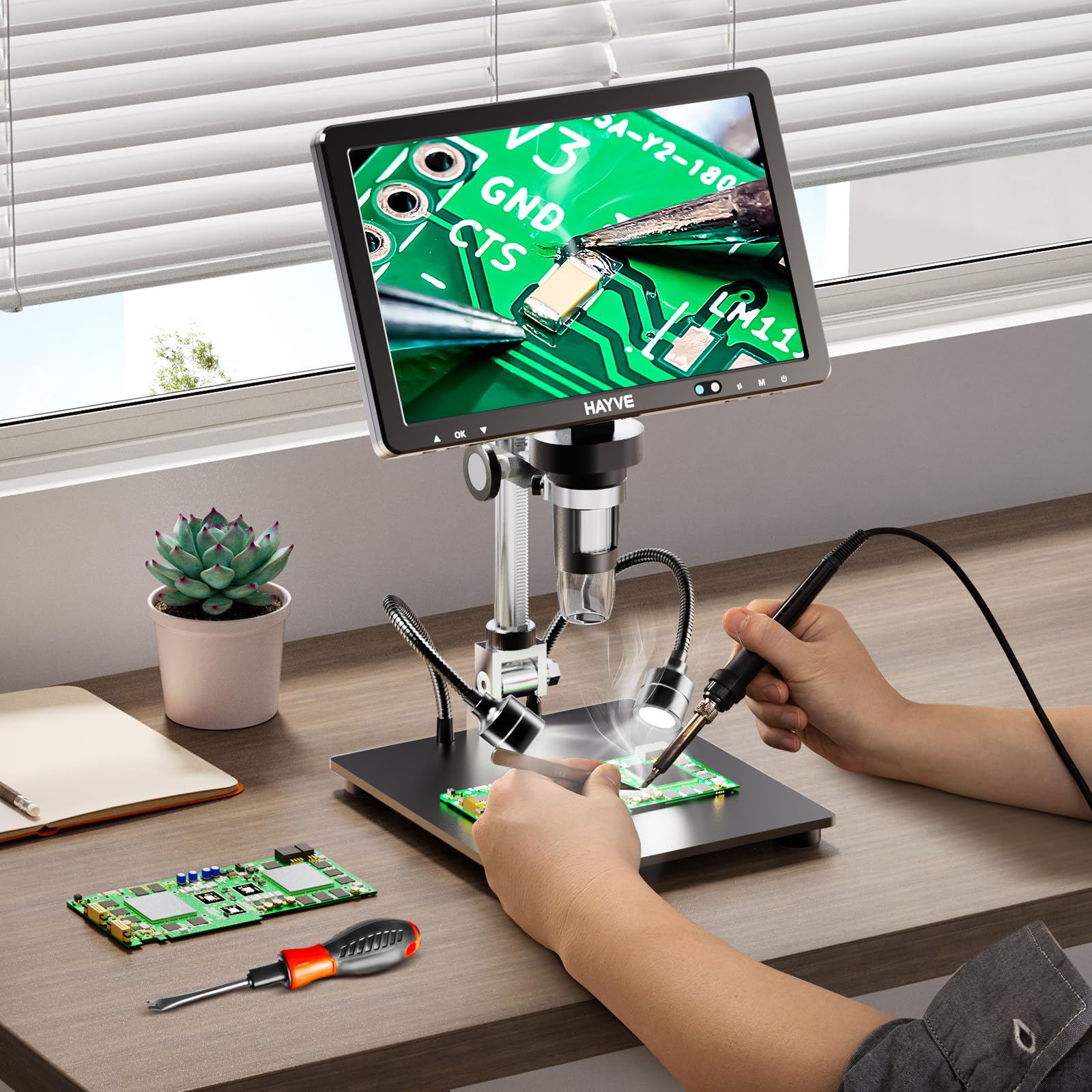 Hayve DM12 10.1 Inch HDMI Digital Microscope with 2000X Magnification - IPS Screen Coin Microscope, 20MP Soldering Microscope for Electronics Repair, Includes 10.4 Inch Adjustable Stand & 32GB Card - Compatible with PC/TV - Perfect for Coin Collecting, PCB Inspection, Jewelry Appraisal & Science Education