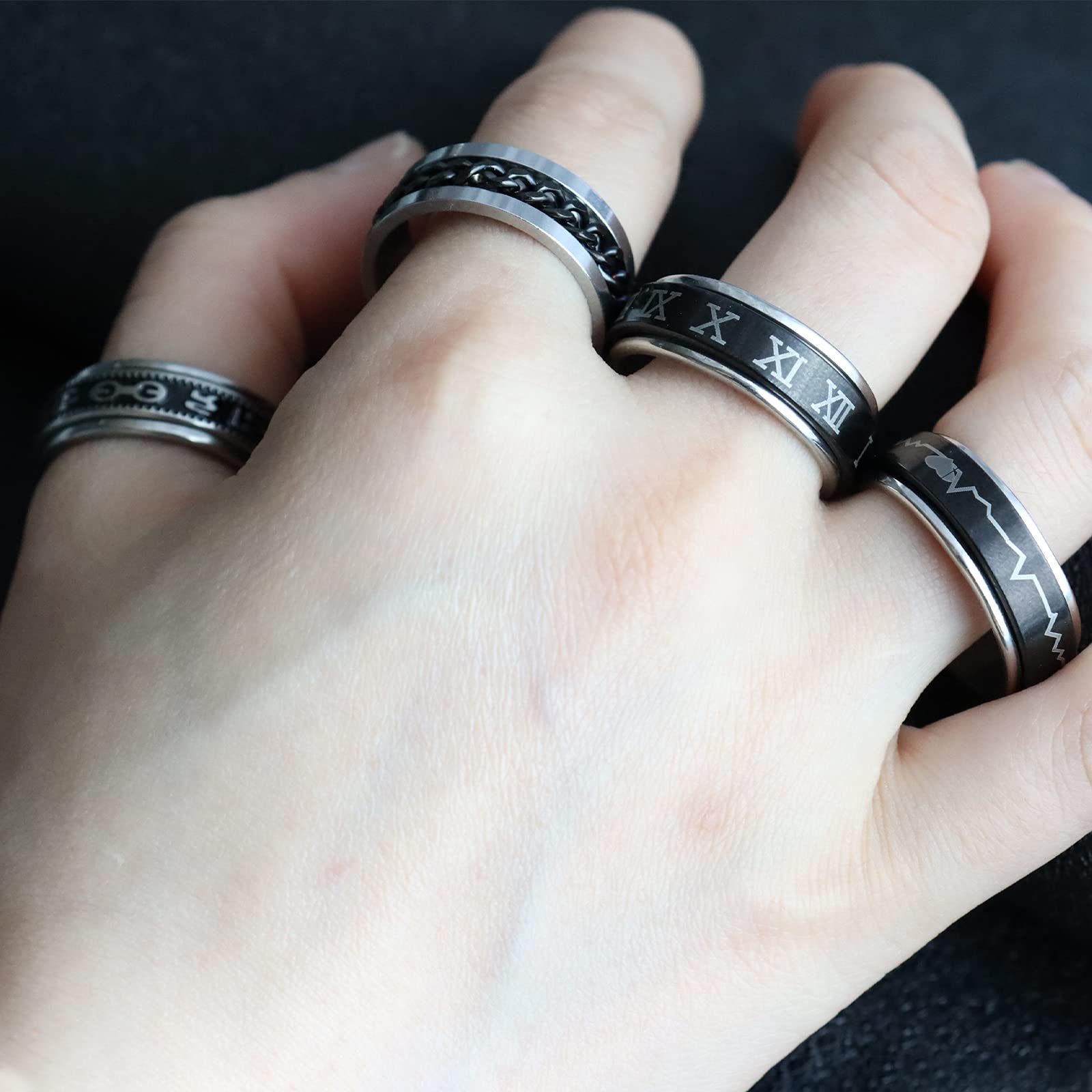 HUASAI Anxiety Relief Rings for Women & Men - Stainless Steel Spinner Rings with Moon & Star Design, Triple Interlocked Rolling Flower Stress Relieving Rings Set - Perfect Birthday Gifts for ADHD, Anxiety & Focus - Great for Office, School & Travel Stress Relief