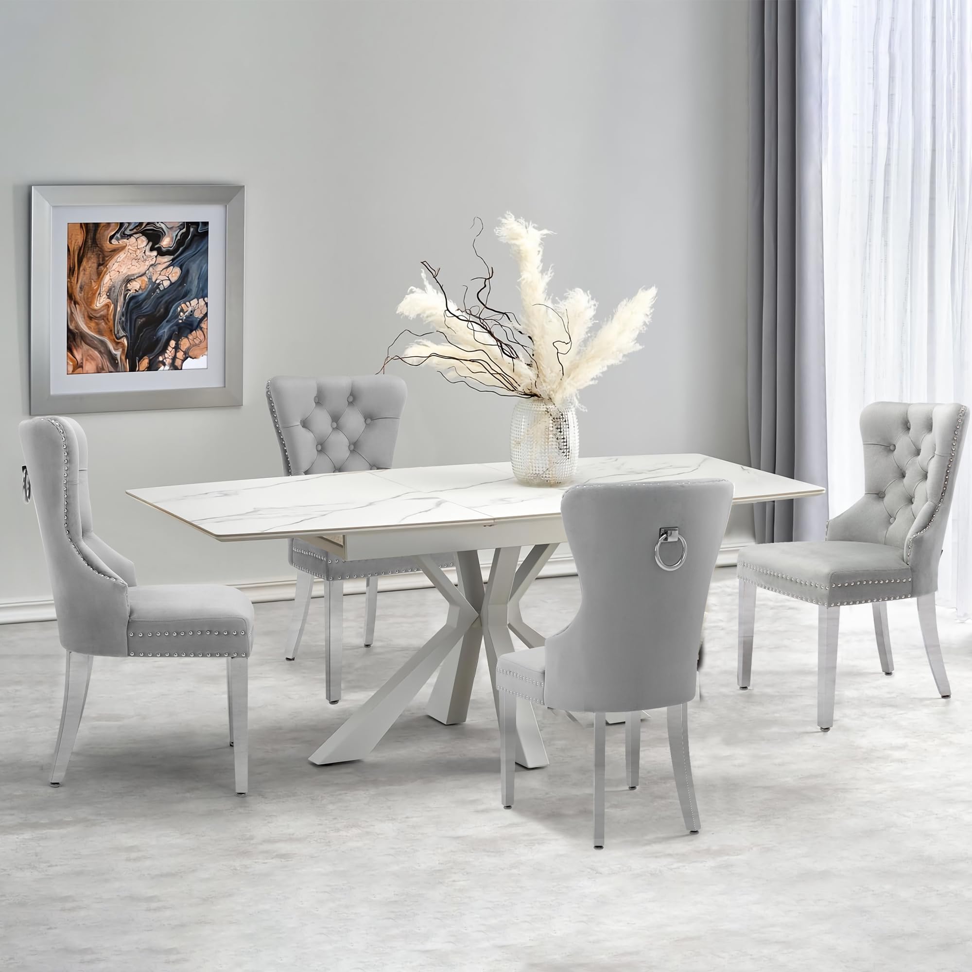 Luxury Velvet Dining Chairs Set of 2 - Tufted Upholstered Modern Dining Room Chairs with Stainless Steel Legs & Ring Pull, Grey - Perfect for Home Dining, Kitchen, Restaurant & Office Decor