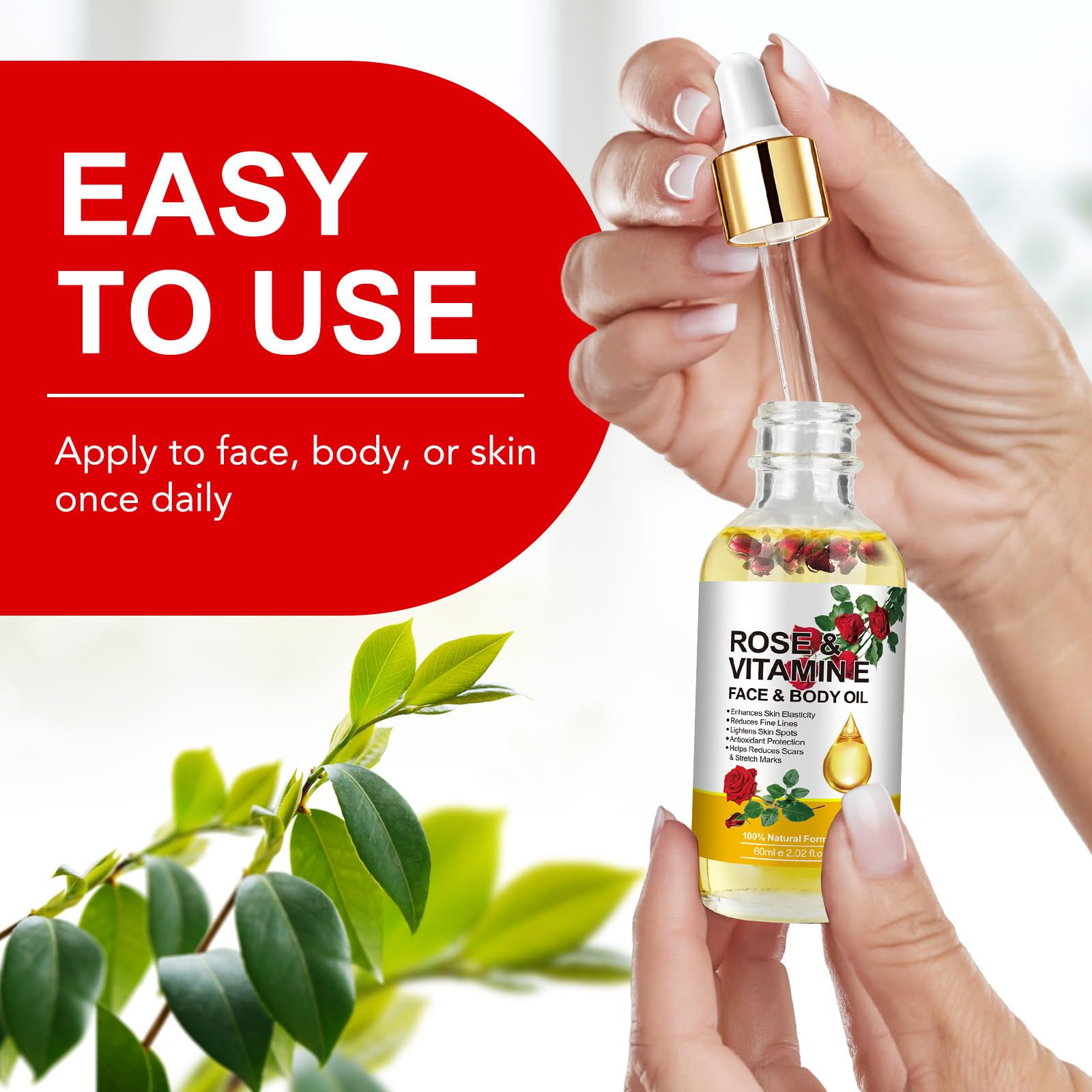Organic Vitamin E Oil with Rose Oil for Face & Skin Care - 2 Fl Oz | Hydrating Moisturizer for Dry Skin, Anti-Aging & Night Routine