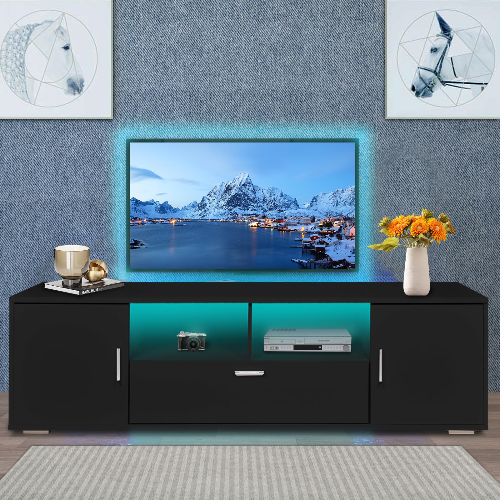 65 Inch LED TV Stand with Storage - Modern TV Console Table Entertainment Center for Living Room, Bedroom & Office - Black Gaming TV Cabinet with 5 Shelves & 3 Drawers - Perfect for Home Theater & Apartment Furniture