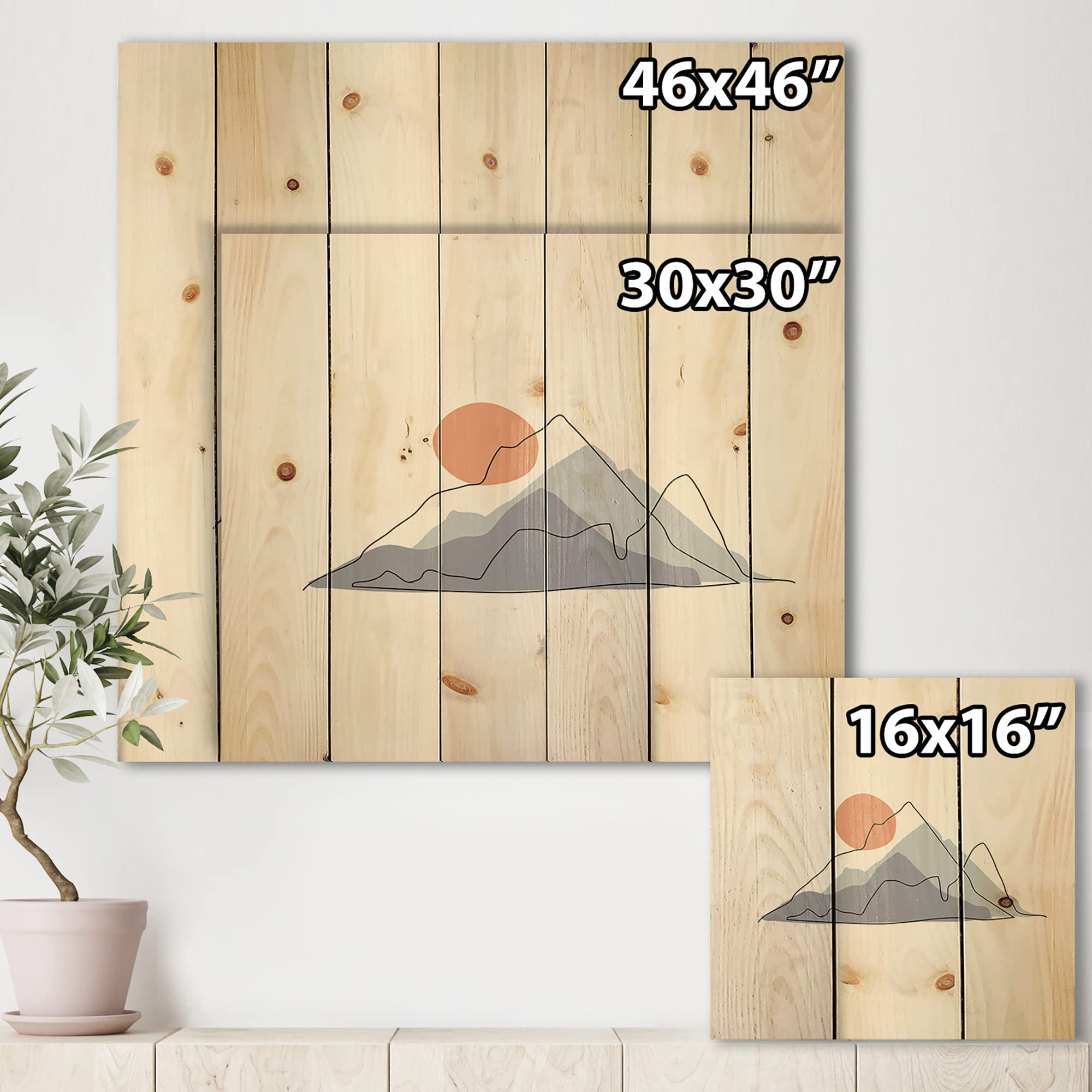 Abstract Mountainscape with Red Moon - Modern Wood Wall Art Decor, Blue Contemporary Wood Panel, Large Pine Wood Wall Hanging for Living Room & Bedroom