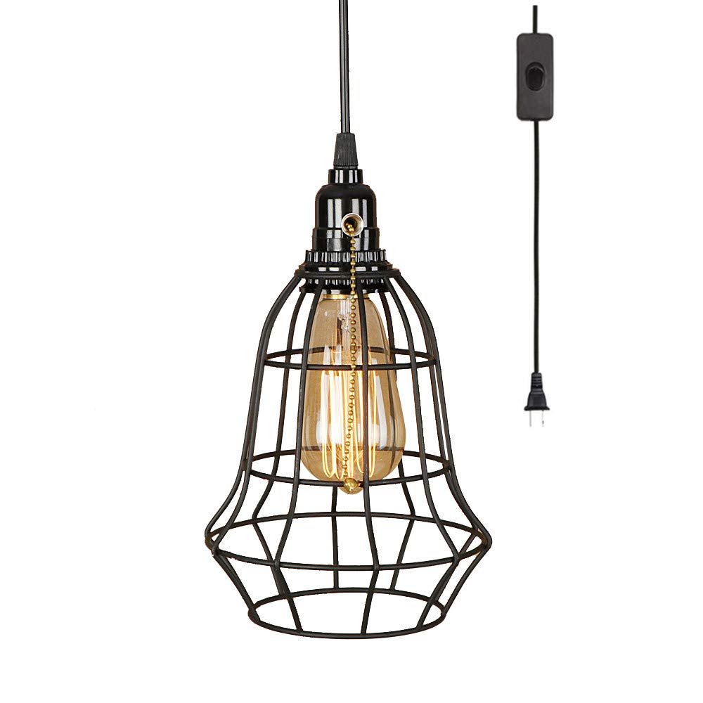 Vintage Industrial Black Hanging Swag Lamp with Plug - 15 Ft Cord, On/Off Pull Chain Switch - Cage Pendant Light for Living Room, Bedroom, or Office Decor