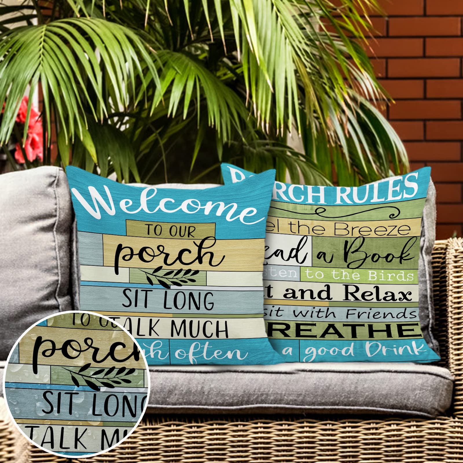 Waterproof Outdoor Pillow Covers 18x18 Inch - Turquoise Woodgrain Stripe Decorative Cushion Covers for Patio Furniture (Set of 2) - Perfect for Lake House Porch, Garden, and Backyard Decor