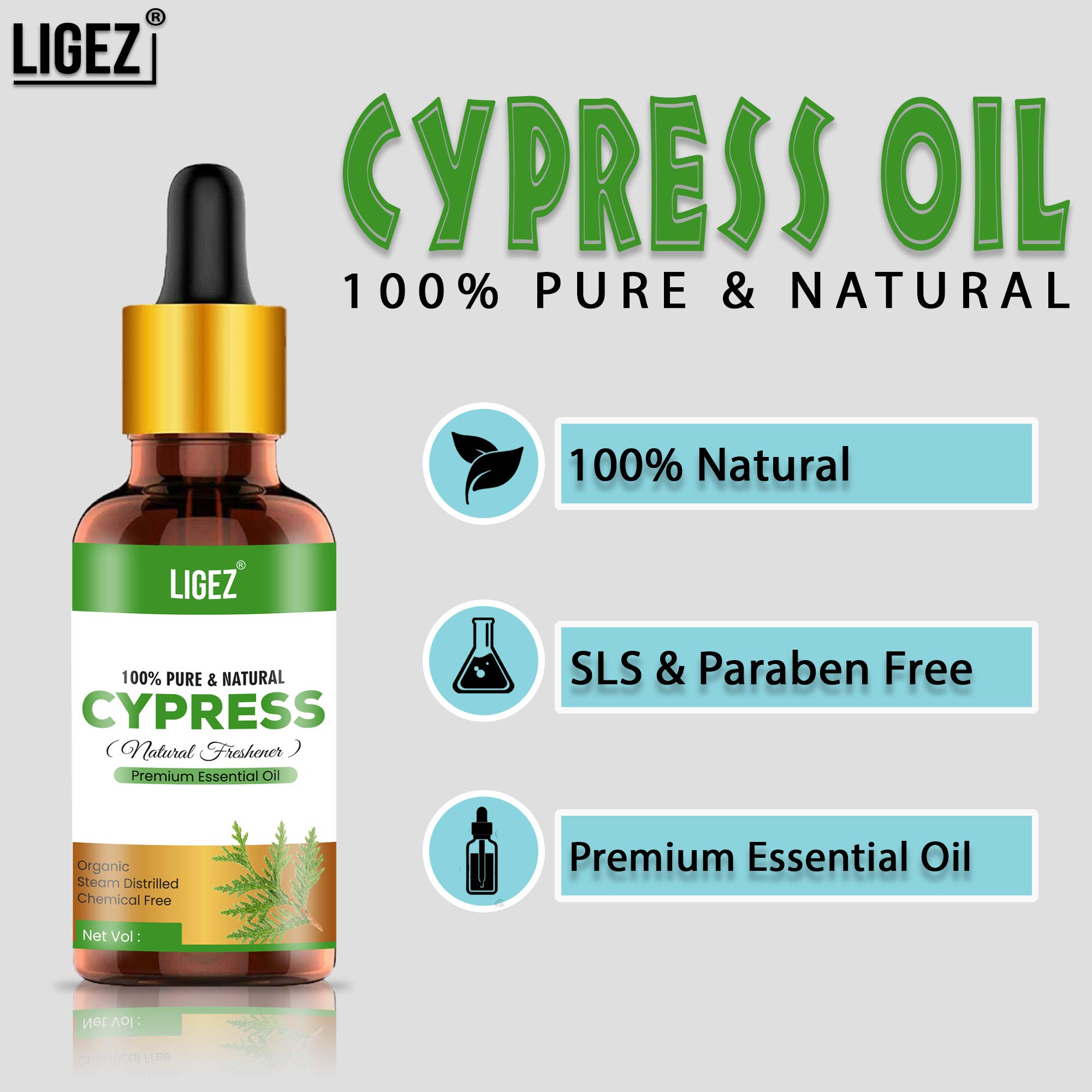 Ligez 100% Pure Cypress Essential Oil 30ml - Natural Aromatherapy for Relaxation, Stress Relief & Skin Care | Diffuser, Massage & DIY Beauty Uses