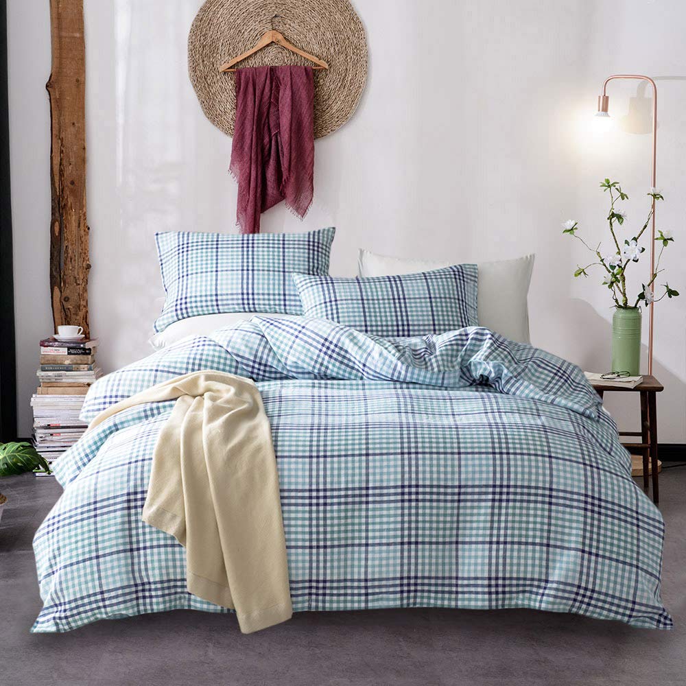 Premium 100% French Linen Duvet Cover Set - 3 Piece Bedding (Duvet Cover + 2 Pillow Shams) - Full/Queen Size - Blue & Green Checkered Pattern - Breathable & Soft for All Seasons - Perfect for Master Bedroom, Guest Room & Vacation Homes