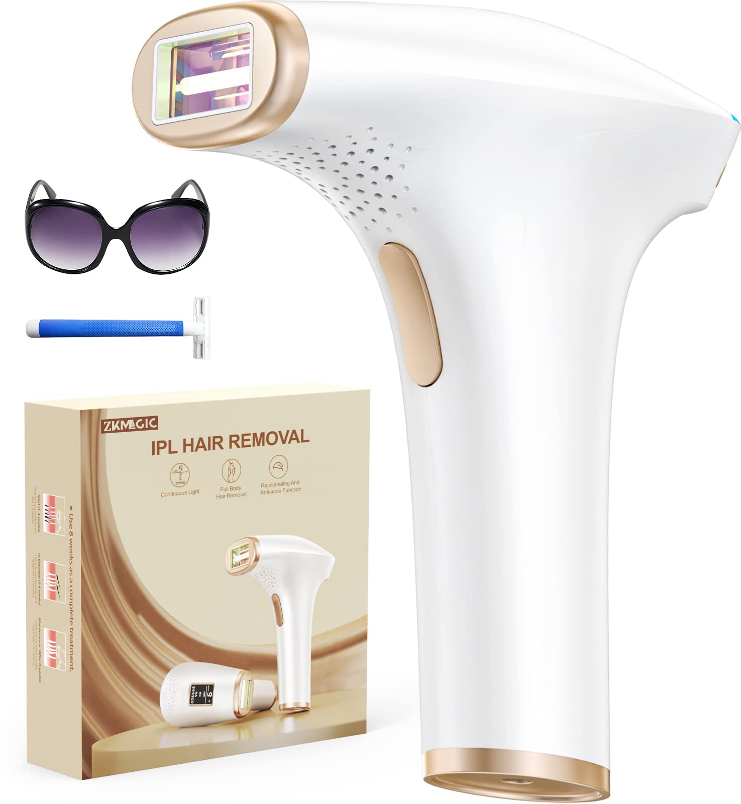 ZKMAGIC IPL Hair Removal Device for Women & Men - 3-in-1 Laser Hair Remover with HR/SC/RA Modes, 9 Adjustable Energy Levels & 999,900 Flashes - Permanent Hair Removal for Face, Legs, Arms, Bikini Line & Whole Body - At-Home Salon Treatment for Smooth Skin